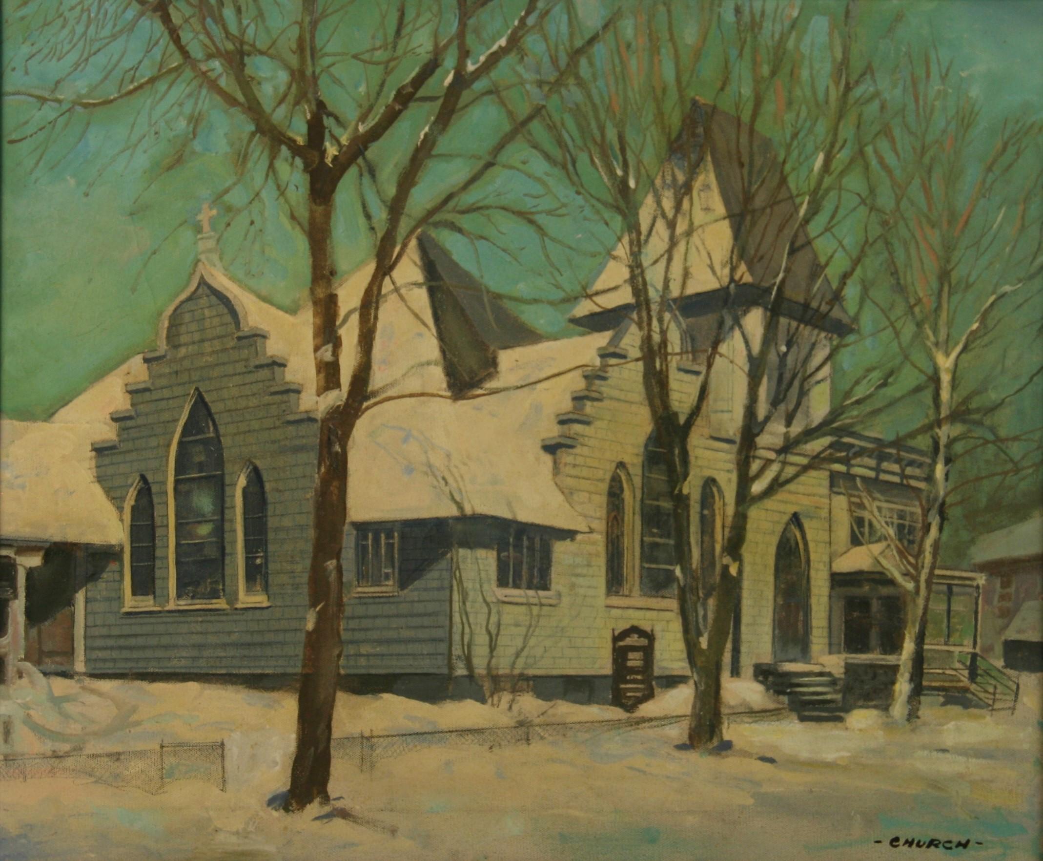 Amerikanische Landhaus-Winterkirche-Landschaft, Vintage, 1940 – Painting von Church