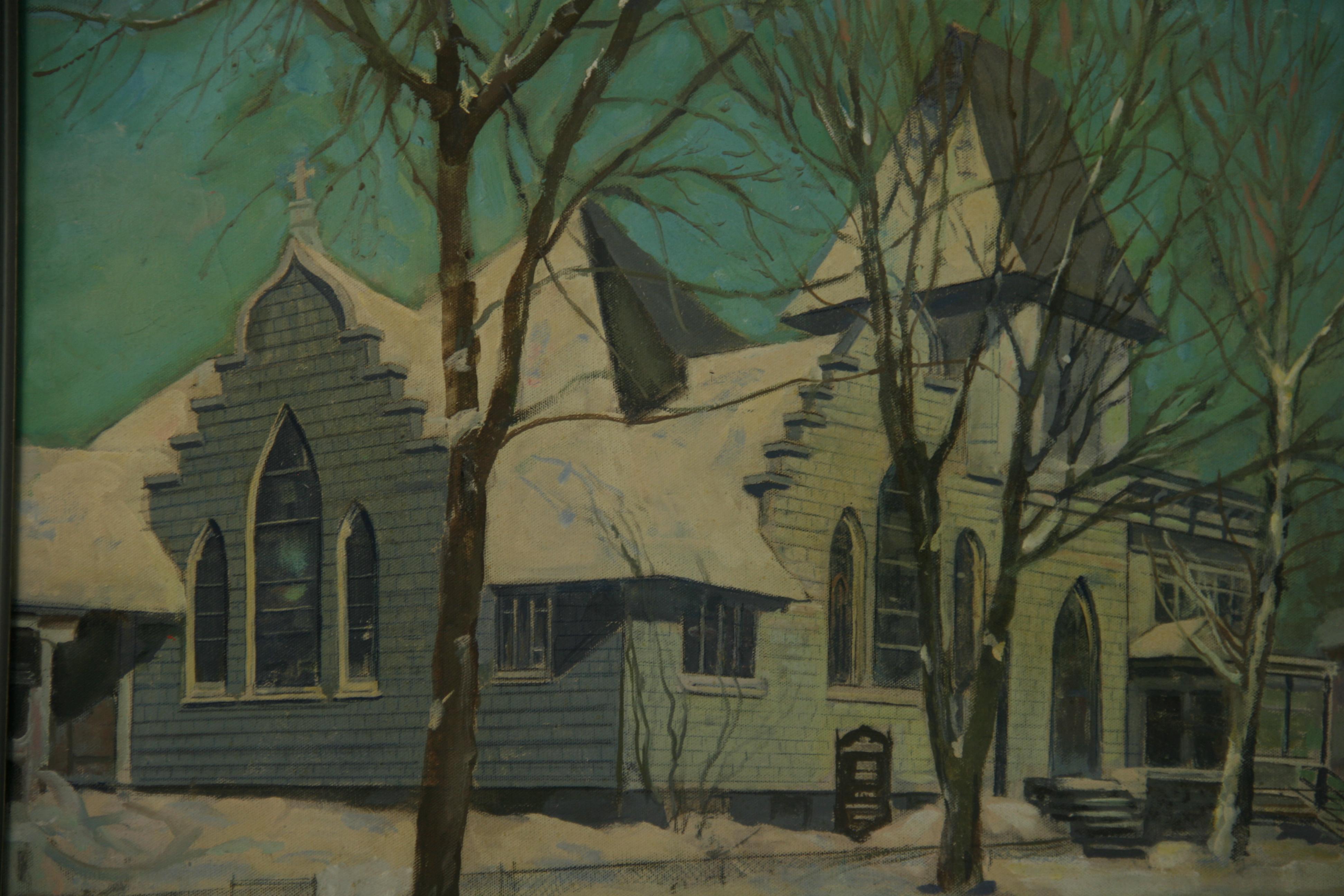 Vintage American Country Winter Church Landscape 1940 For Sale 2