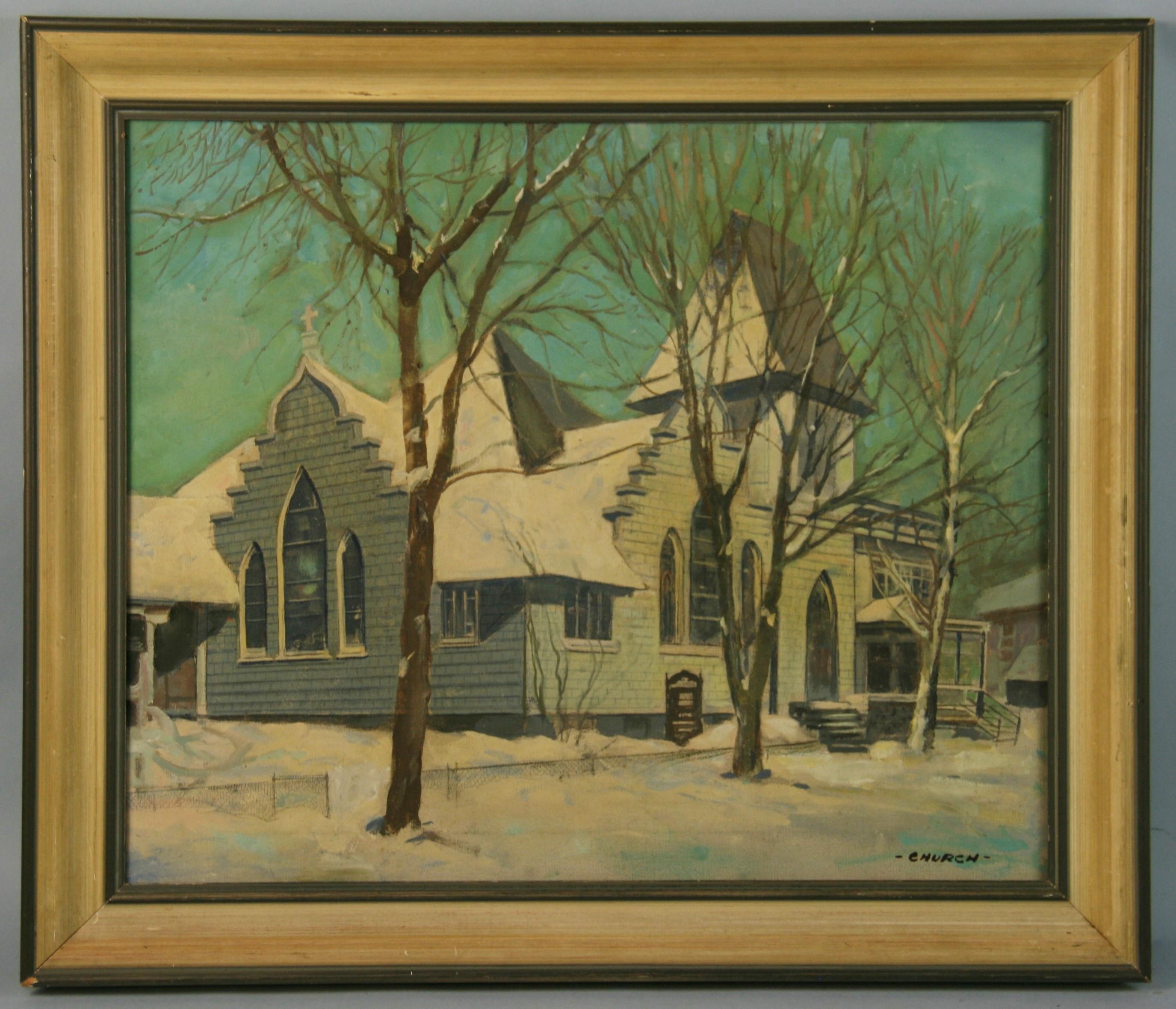 Church Landscape Painting – Amerikanische Landhaus-Winterkirche-Landschaft, Vintage, 1940