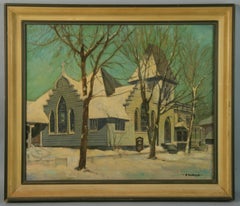 Paysage d'église d'hiver vintage américain, 1940