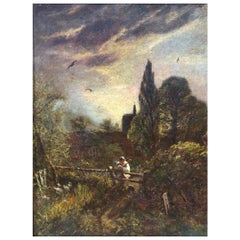 "Church Yard at Dusk" Victorian Oil Painting