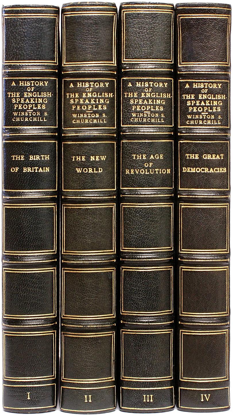 AUTOR: CHURCHILL, Winston. 

TITEL: Eine Geschichte der englischsprachigen Völker.

HERAUSGEBER: London: Cassell and Co, Ltd, 1956-8.

BESCHREIBUNG: ALLE ERSTEN LONDONER AUSGABEN. 4 Bände, 9-9/16