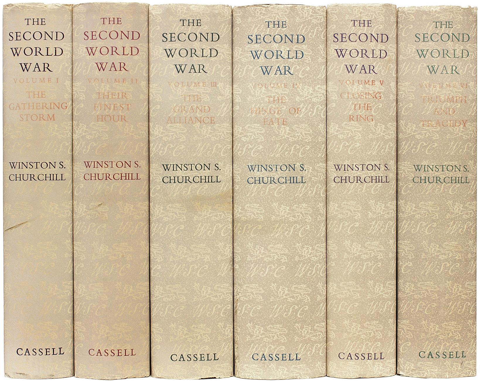 AUTORE: CHURCHILL, Winston Churchill. 

TITOLO: La seconda guerra mondiale. (The Gathering Storm - Their Finest Hour - The Grand Alliance - The Hinge Of Fate - Closing The Ring - Triumph and Tragedy).

EDITORE: Londra: Cassell & Co., Ltd., 1948 -