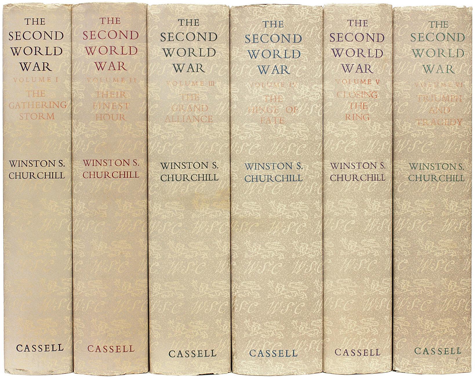 AUTHOR: CHURCHILL, Winston. 

TITLE: The Second World War. (The Gathering Storm - Their Finest Hour - The Grand Alliance - The Hinge Of Fate - Closing The Ring - Triumph and Tragedy).

PUBLISHER: London: Cassell & Co., Ltd., 1948 - 54.

DESCRIPTION: