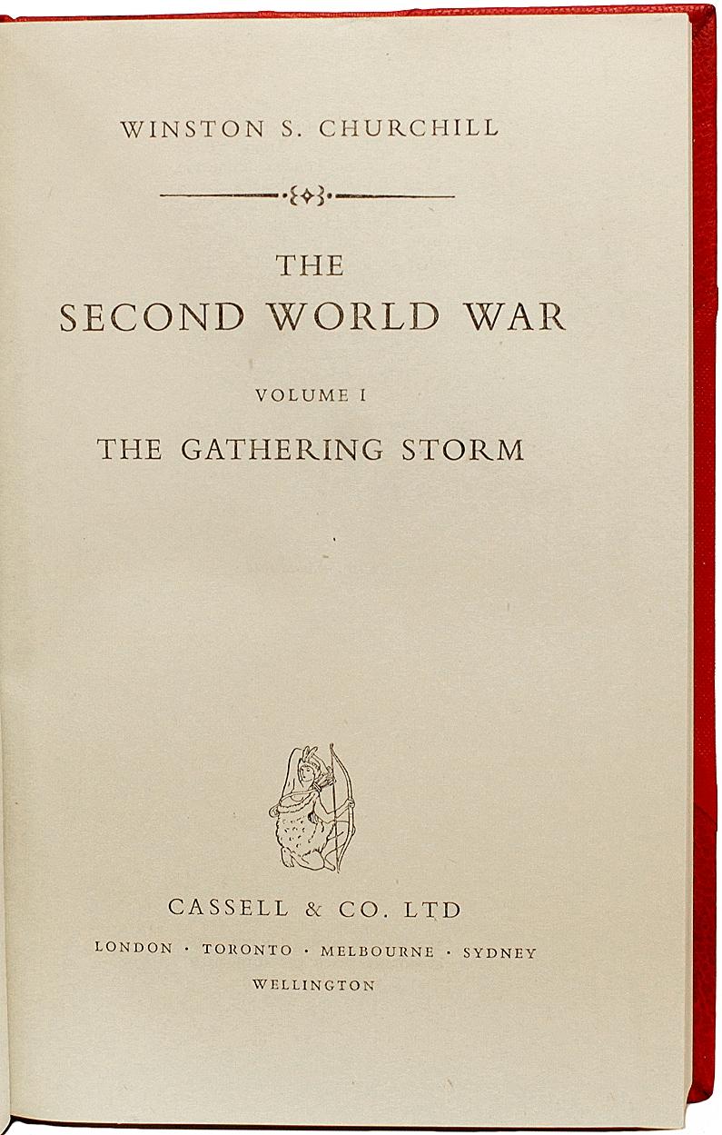 AUTHOR: CHURCHILL, Winston Spencer. 

TITLE: The Second World War. (The Gathering Storm - Their Finest Hour - The Grand Alliance - The Hinge Of Fate - Closing The Ring - Triumph and Tragedy).

PUBLISHER: London: Cassell & Co., Ltd., 1948 -