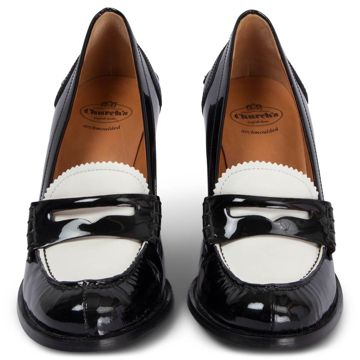 100% authentic Church's block-heel loafers in black patent leather and white calfskin. Have been worn and are in excellent condition. 

Measurements
Imprinted Size	38
Shoe Size	38
Inside Sole	25cm (9.8in)
Width	7.5cm (2.9in)
Heel	10cm (3.9in)

All