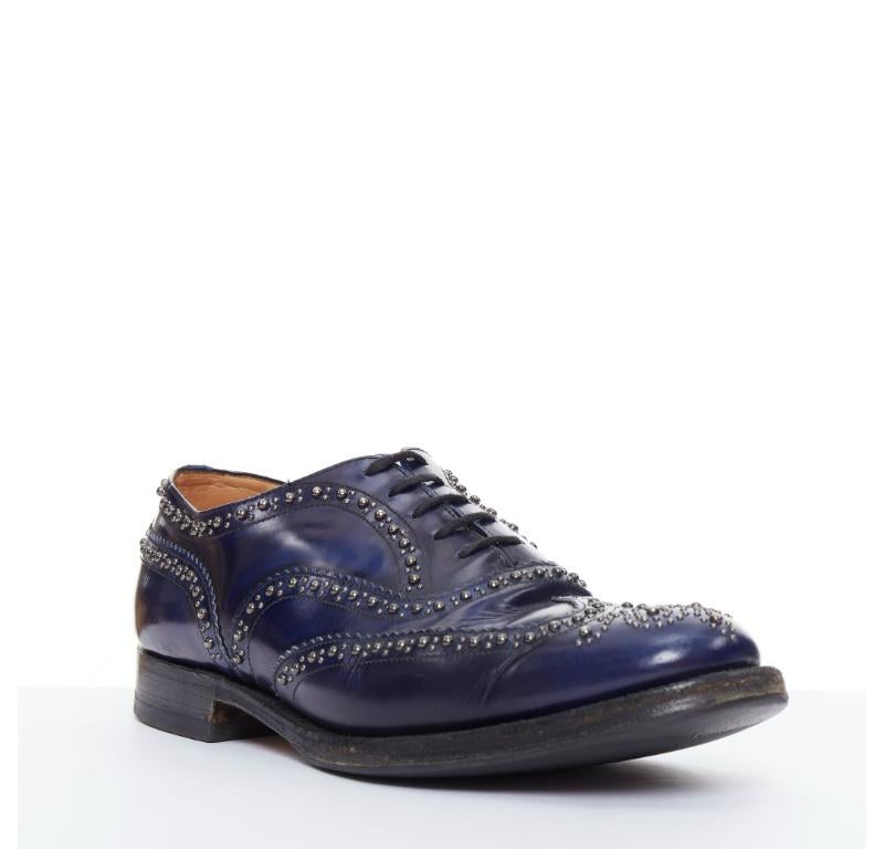 CHURCH'S blue leather silver studded lace up brogue shoes UK9 EU43
Reference: PRCG/A00067
Brand: Church's
Material: Leather
Color: Blue, Silver
Pattern: Studded
Closure: Lace Up
Lining: Nude Leather
Made in: England

CONDITION:
Condition: Fair, this