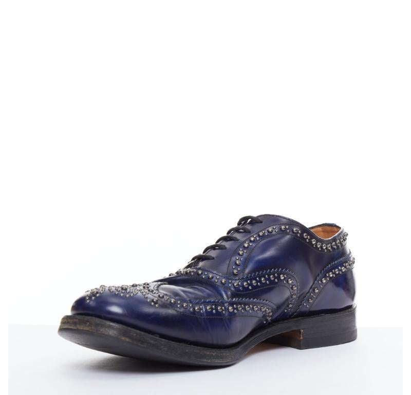 CHURCH'S blue leather silver studded lace up brogue shoes UK9 EU43 In Fair Condition For Sale In Hong Kong, NT