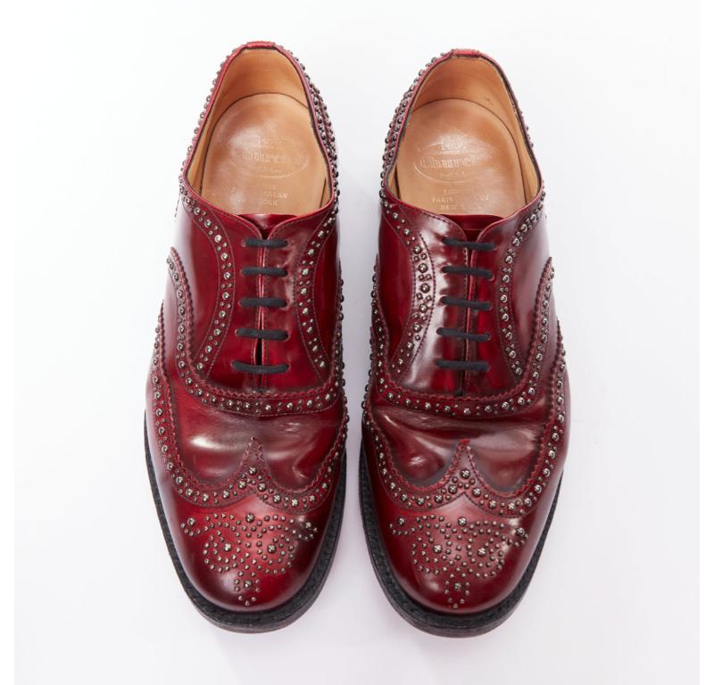 CHURCH'S burgundy red leather silver studded lace up brogue shoes UK9 EU43
Reference: PRCG/A00075
Brand: Church's
Material: Leather
Color: Burgundy, Brown
Pattern: Studded
Closure: Lace Up
Lining: Nude Leather
Made in: England

CONDITION:
Condition: