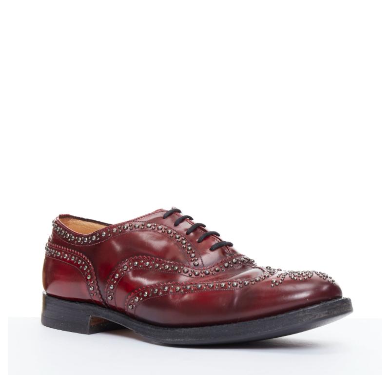 Brown CHURCH'S burgundy red leather silver studded lace up brogue shoes UK9 EU43 For Sale