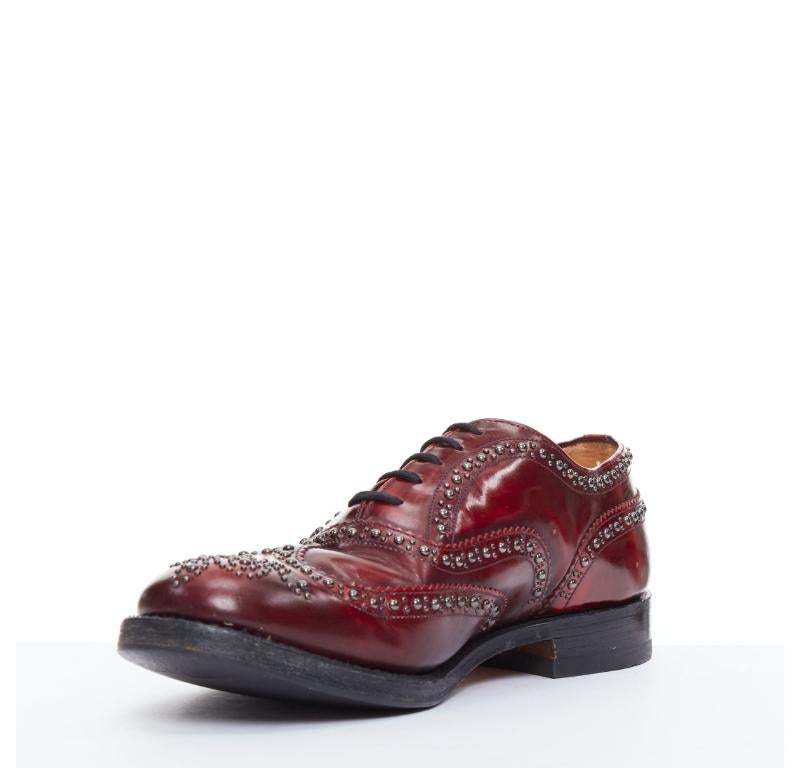CHURCH'S burgundy red leather silver studded lace up brogue shoes UK9 EU43 In Fair Condition For Sale In Hong Kong, NT