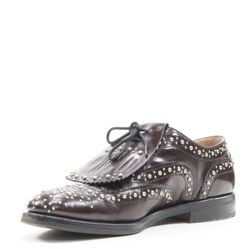 CHURCH'S Burwood Met Cordovan dark brown silver studded fringe brogue EU36 In Good Condition For Sale In Hong Kong, NT