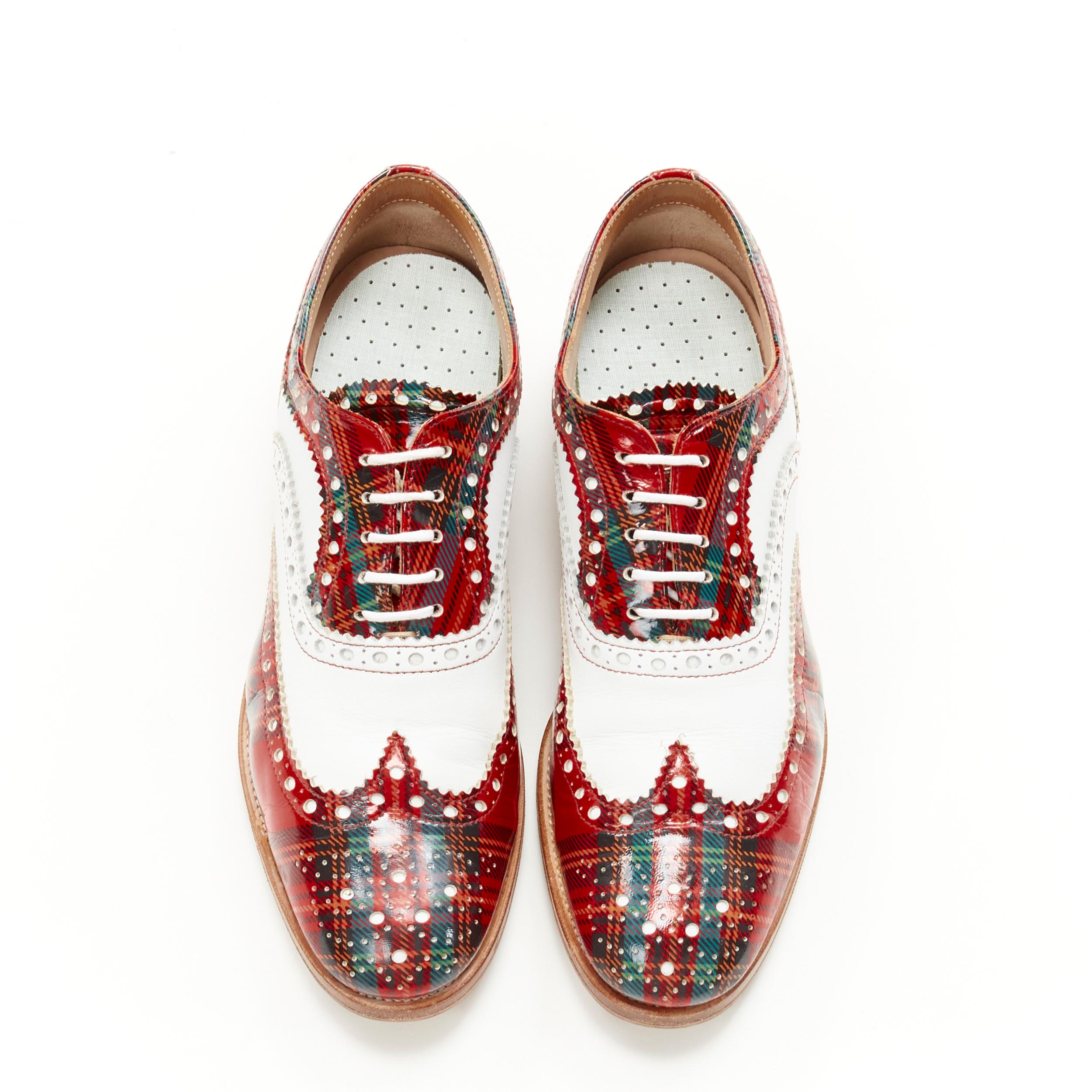 CHURCH'S Burwood red tartan patent white perforated leather brogue EU36.5 In Good Condition For Sale In Hong Kong, NT
