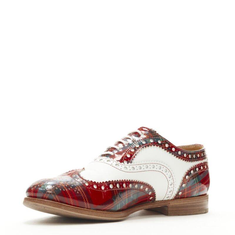CHURCH'S Burwood red tartan patent white perforated leather brogue EU36.5 In Good Condition For Sale In Hong Kong, NT