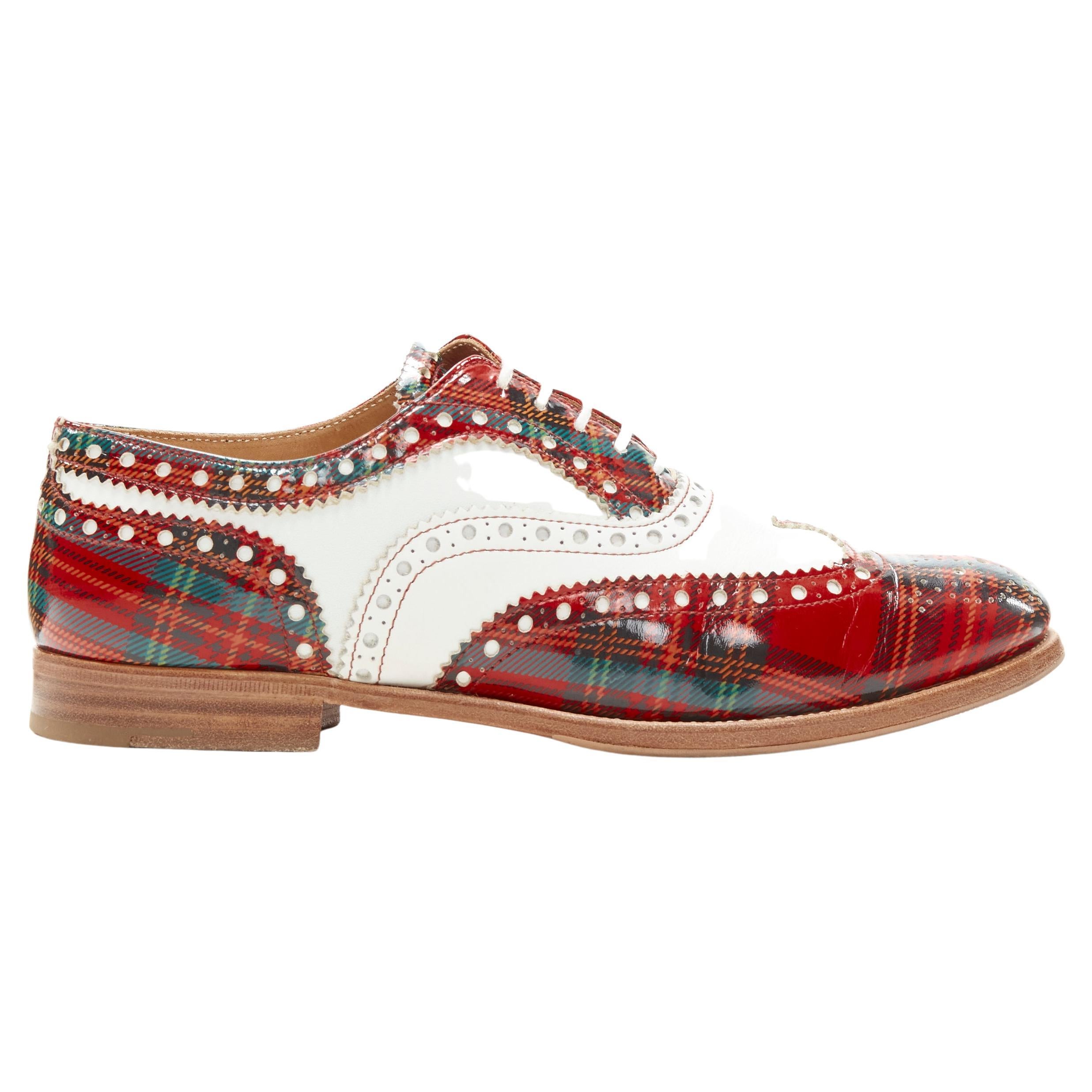 CHURCH'S Burwood red tartan patent white perforated leather brogue EU36.5 For Sale