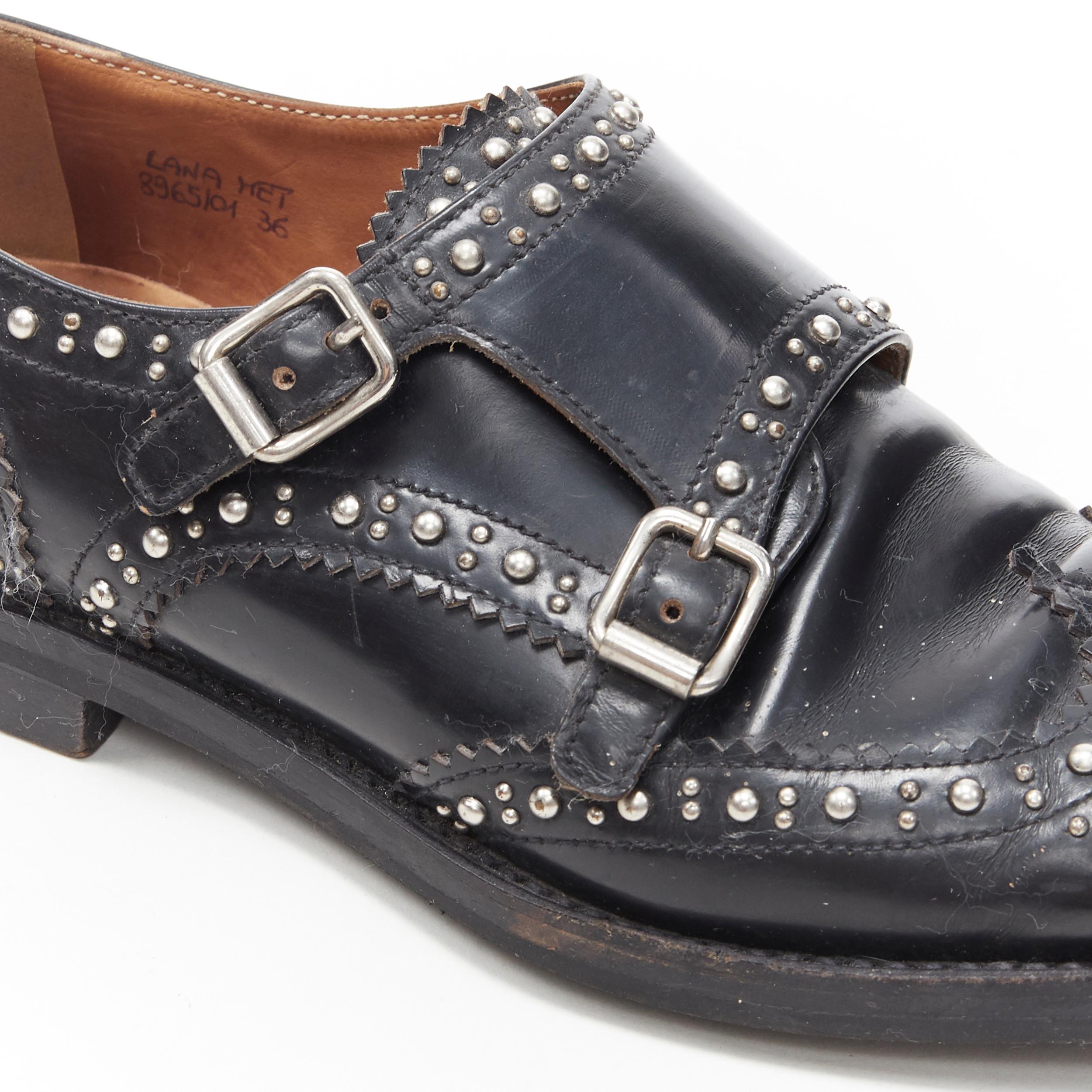 CHURCHS Lana Met black silver stud dual buckle monk brogue loafer shoe EU36 2