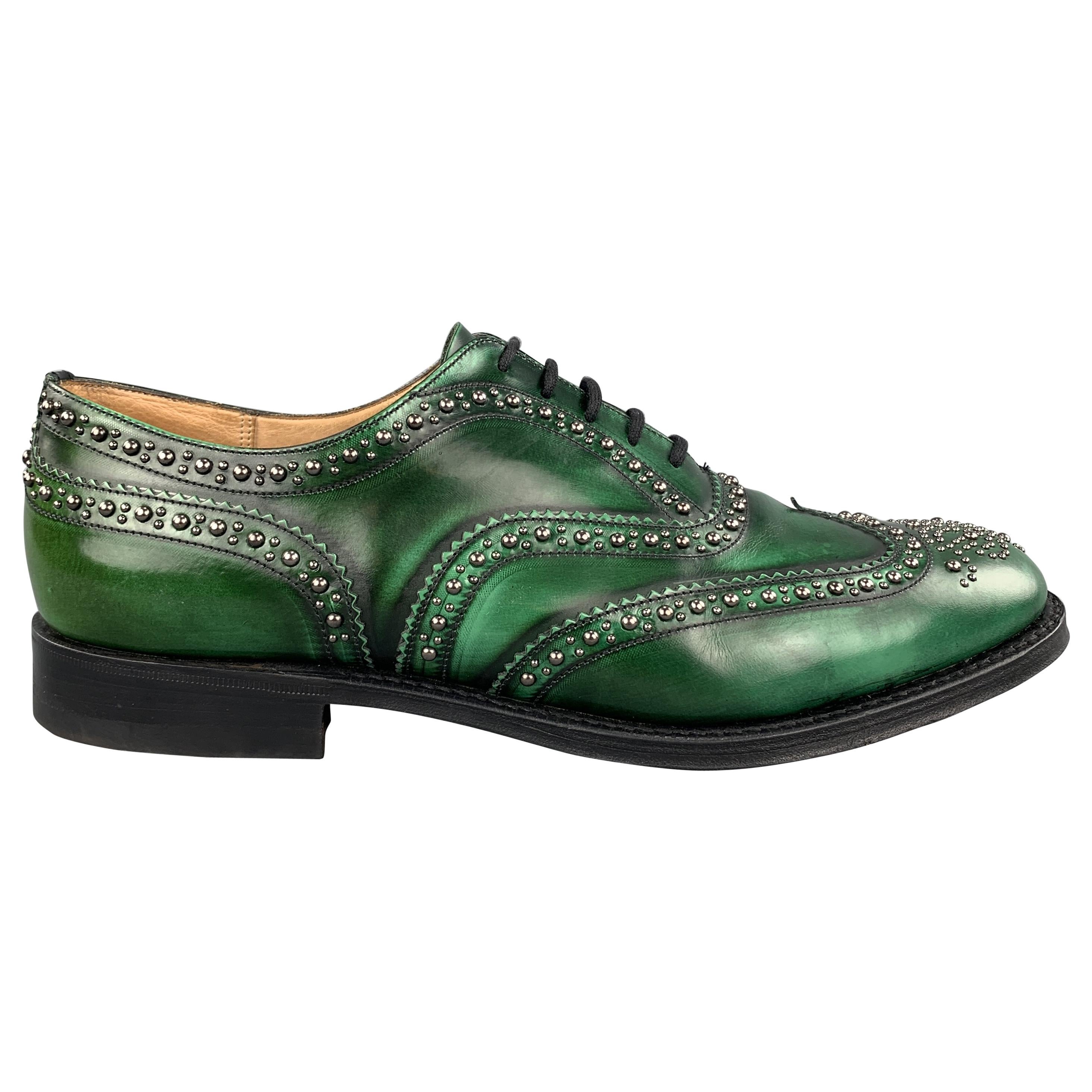 CHURCH'S Size 10.5 Studded Green Leather Wingtip Lace Up Shoe