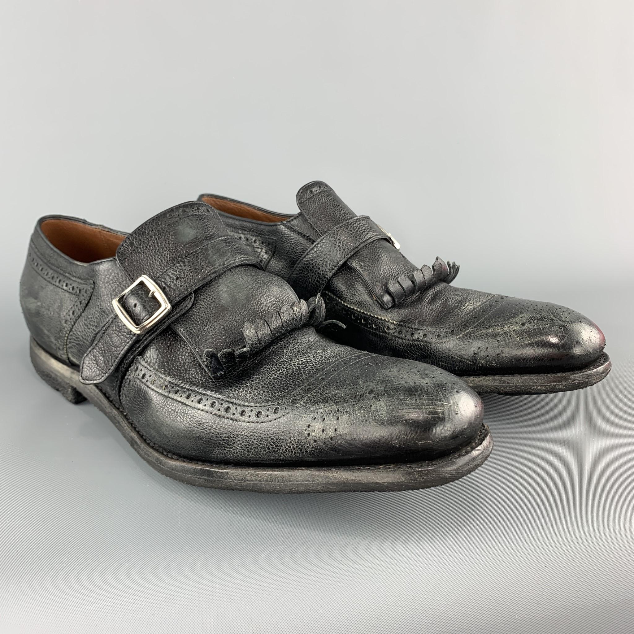 CHURCH'S Size 11 Black Distressed Leather Monk Strap SHANGHAI Eyelash Loafers In Excellent Condition In San Francisco, CA