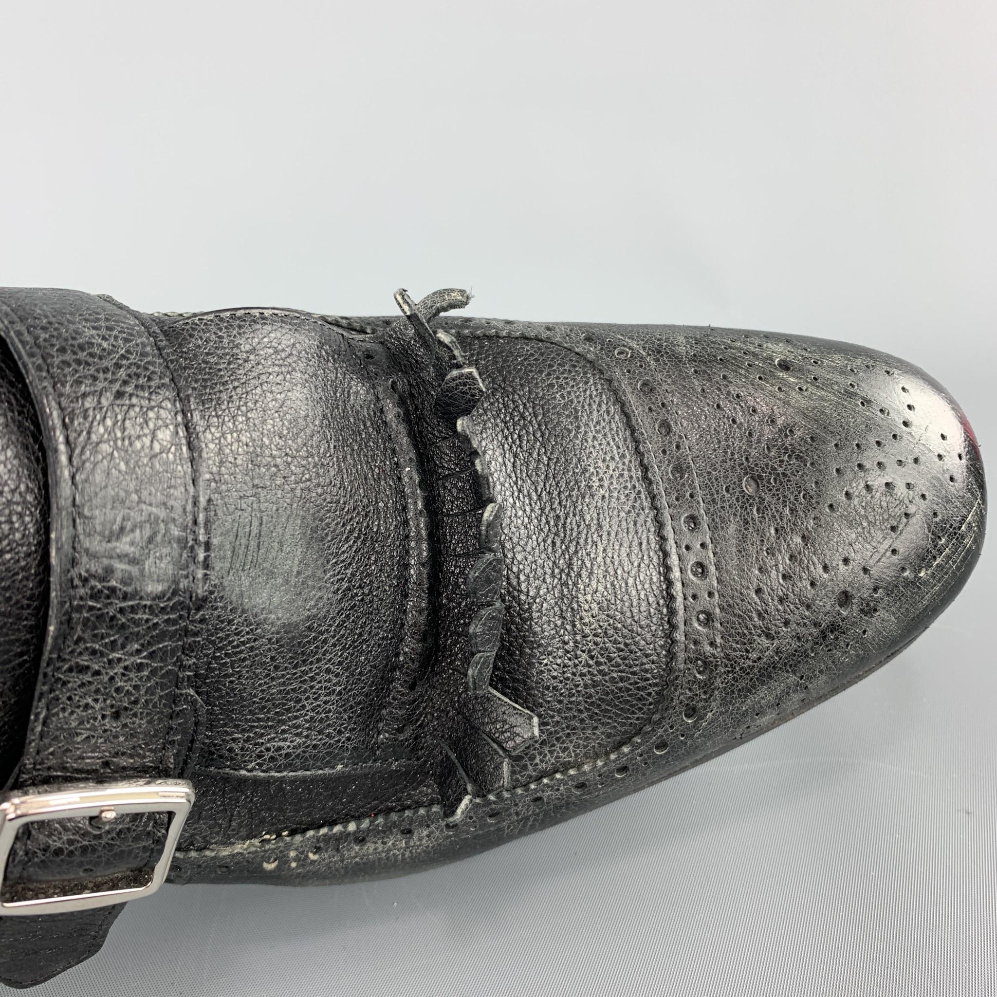CHURCH'S Size 11 Black Distressed Leather Monk Strap SHANGHAI Eyelash Loafers 1