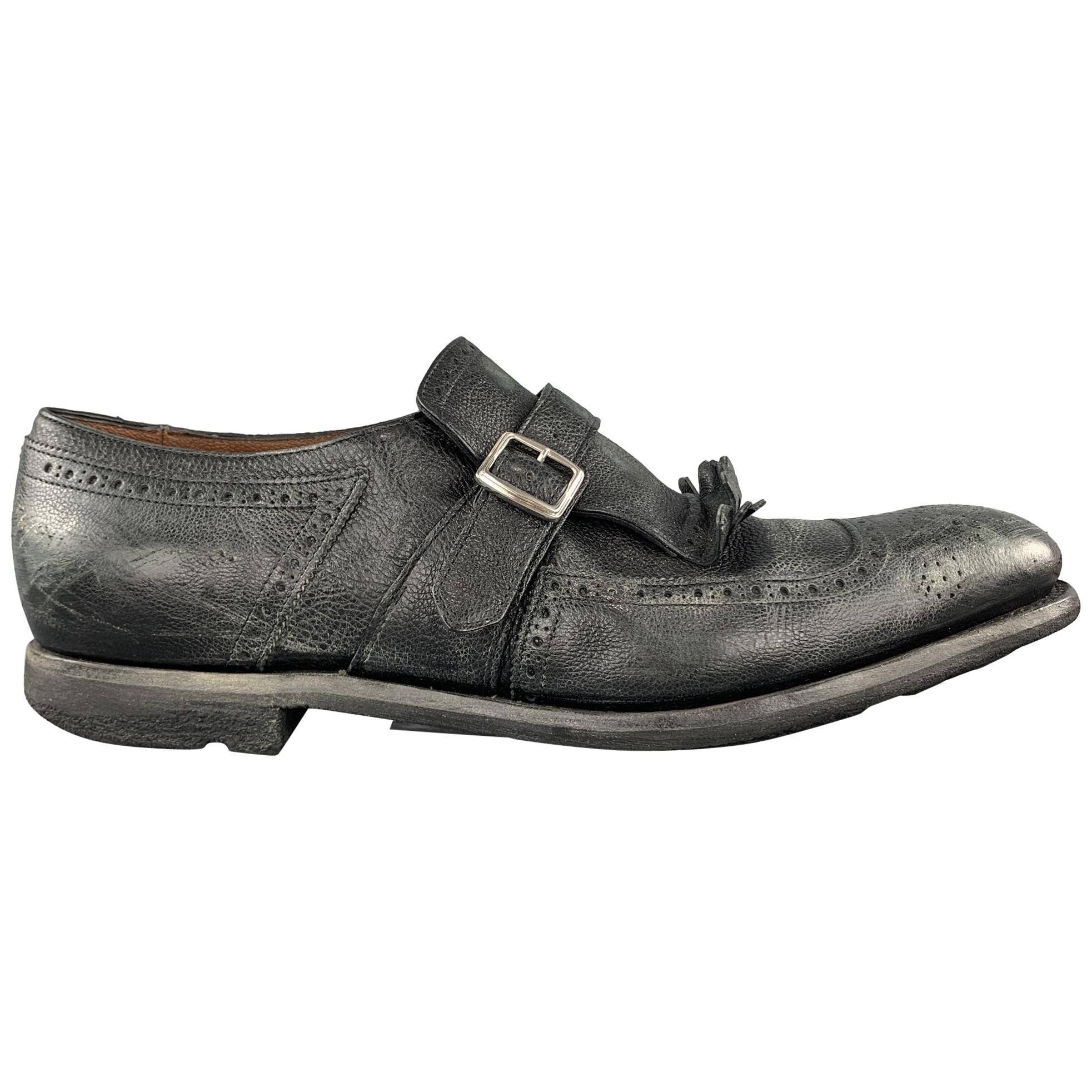 CHURCH'S Size 11 Black Distressed Leather Monk Strap SHANGHAI Eyelash Loafers
