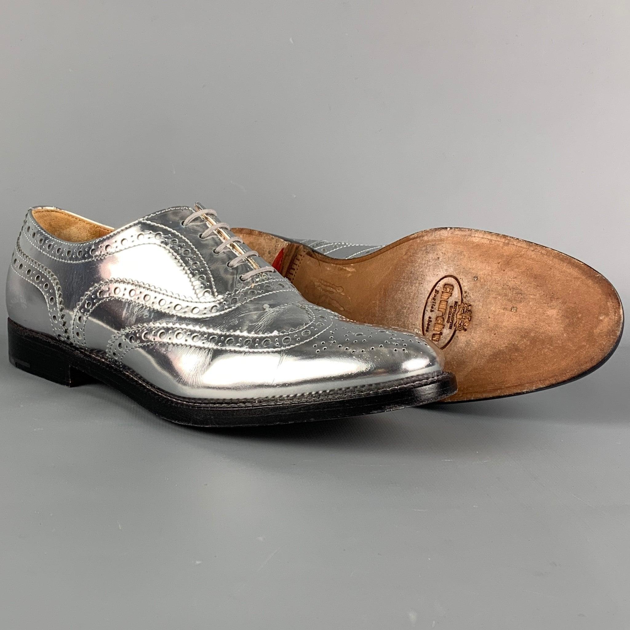 CHURCH'S Size 7.5 Silver Perforated Metallic Leather Wingtip Shoes In Good Condition In San Francisco, CA