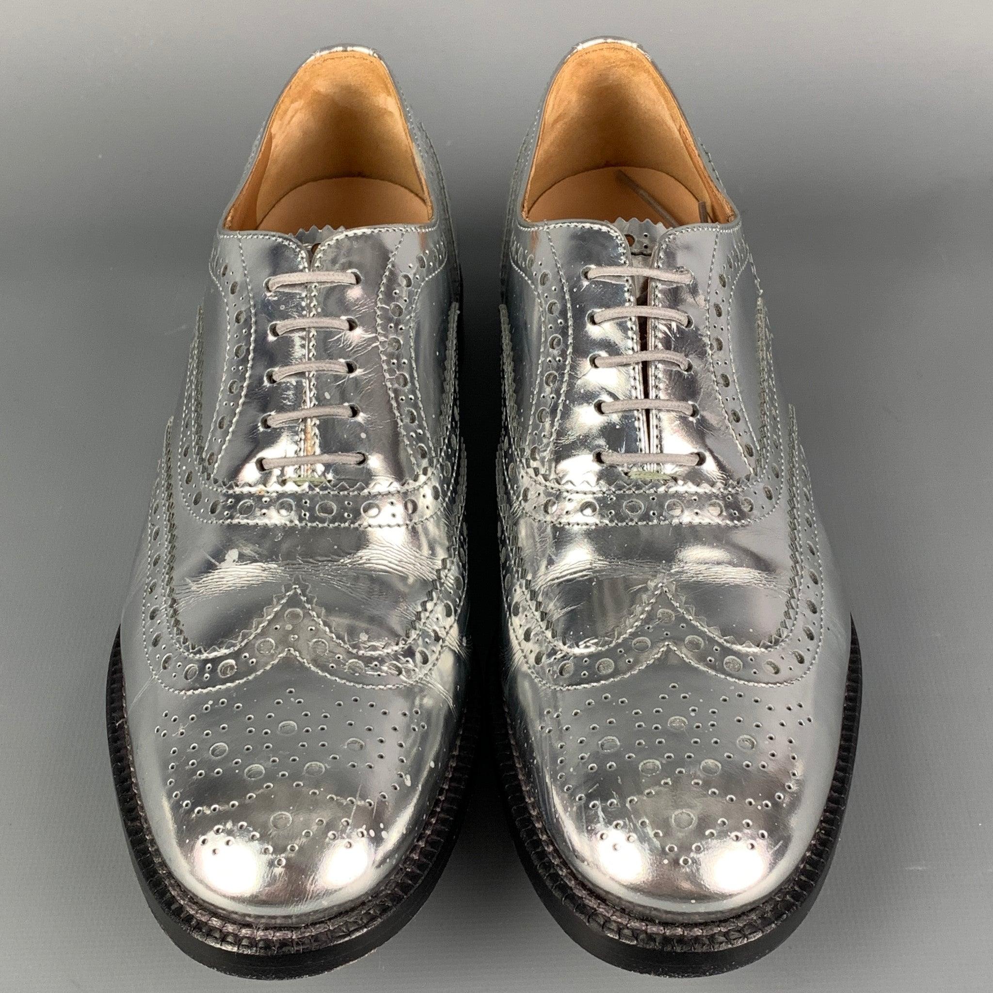 Women's CHURCH'S Size 7.5 Silver Perforated Metallic Leather Wingtip Shoes
