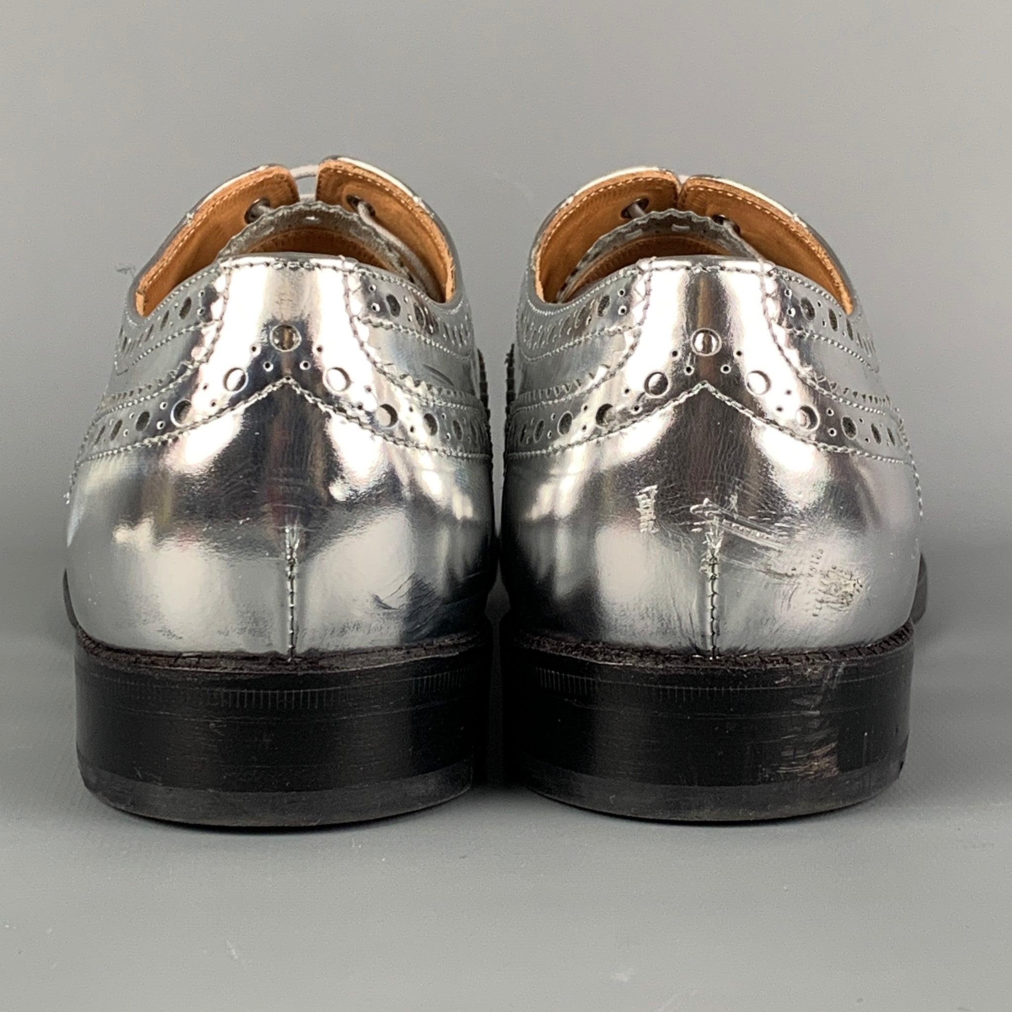 CHURCH'S Size 7.5 Silver Perforated Metallic Leather Wingtip Shoes 1