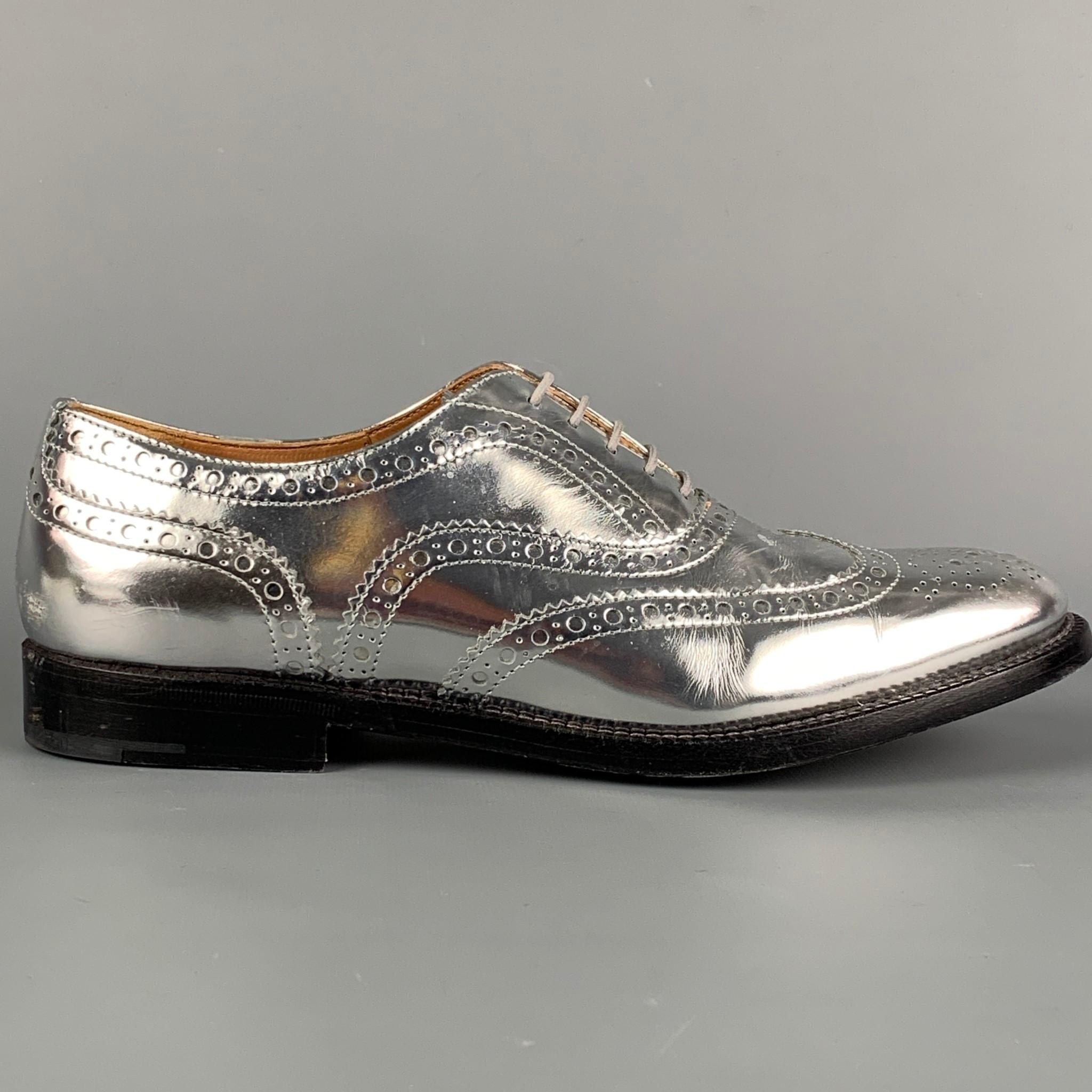 CHURCH'S Size 7.5 Silver Perforated Metallic Leather Wingtip Shoes For Sale  at 1stDibs
