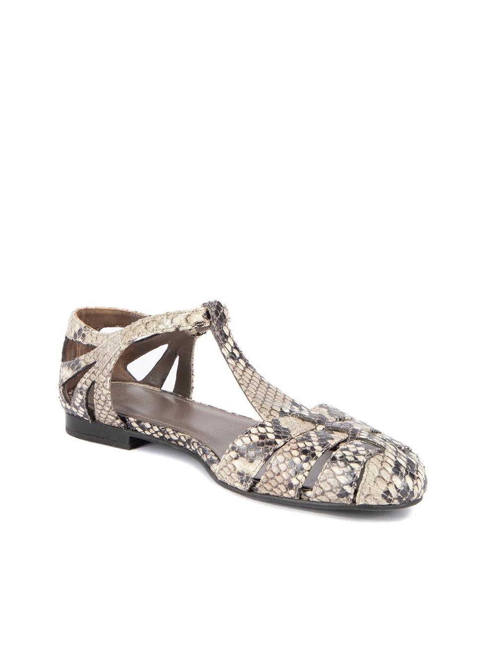 CONDITION is Very good. Minimal wear to sandals is evident. Minimal wear to the leather exterior and outsole on this used Church's designer resale item.   Details  Grey Snakeskin leather Sandals Flat heel Round toe Ankle strap closure Leather