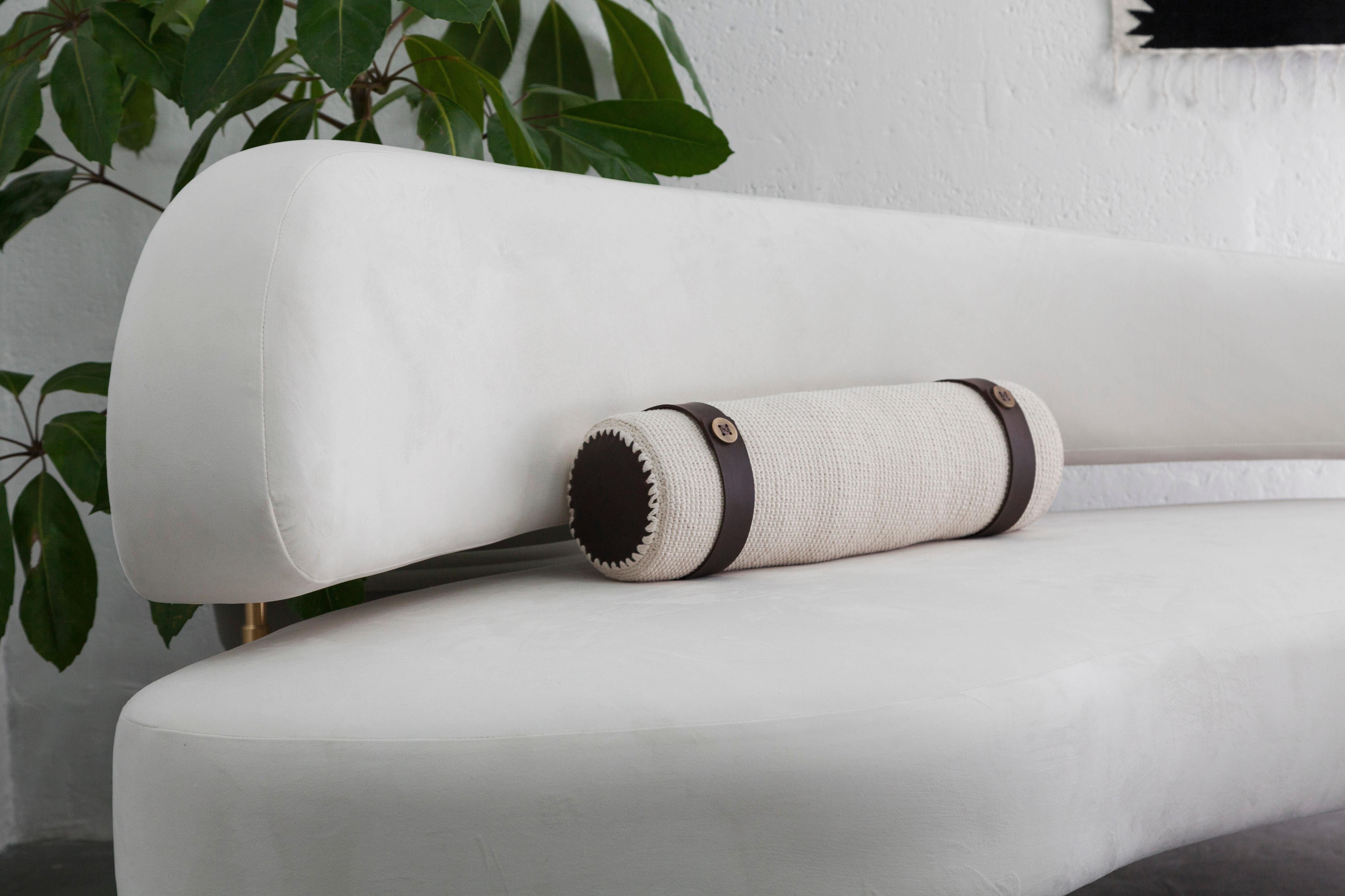 Ecuadorean CHURO Handwoven Decorative Bolster Pillow w Bronze and Leather Details, In Stock For Sale