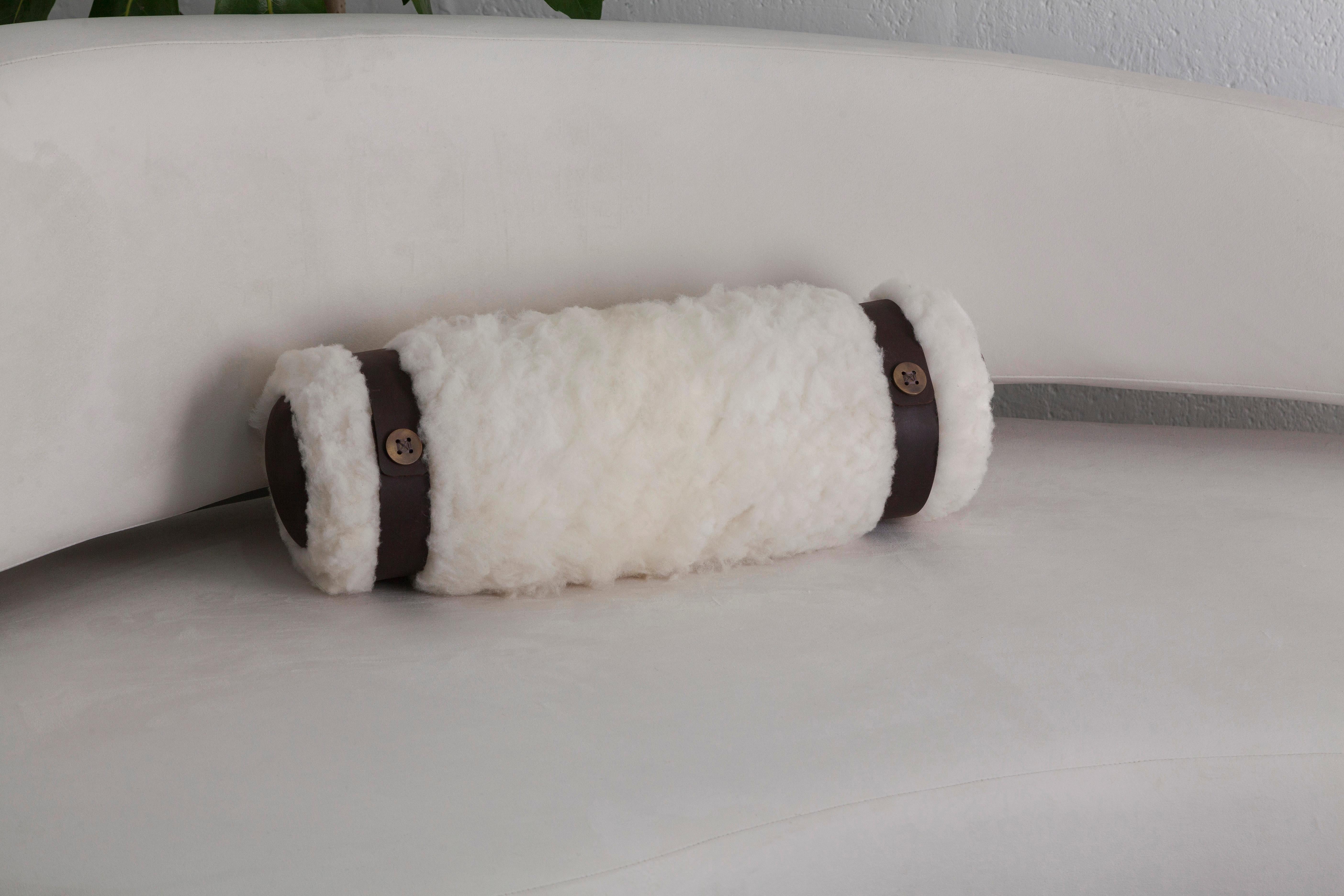 Ecuadorean CHURO Sheepskin Decorative Bolster Pillow, Bronze and Leather Details, In Stock For Sale