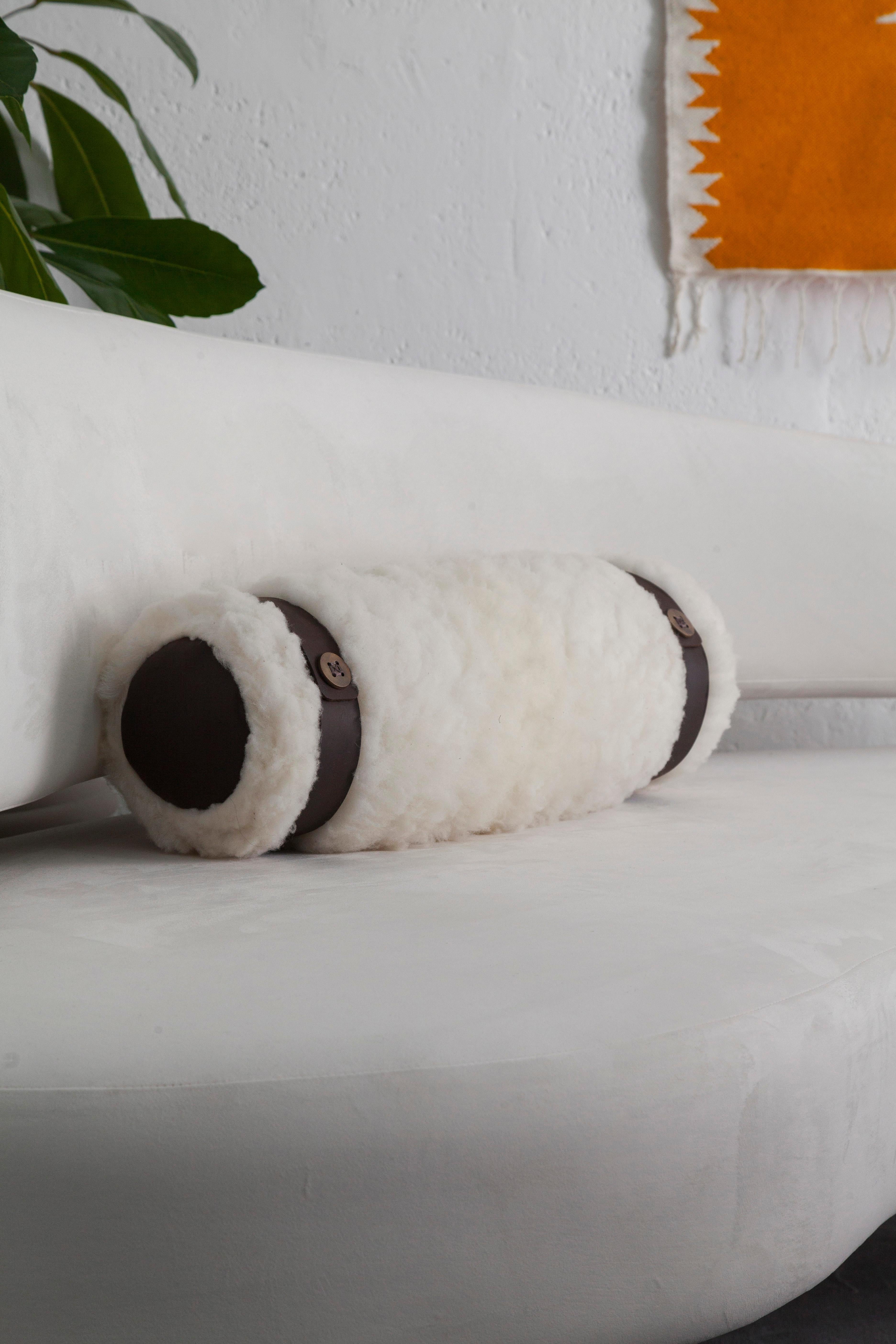 Metalwork CHURO Sheepskin Decorative Bolster Pillow, Bronze and Leather Details, In Stock For Sale