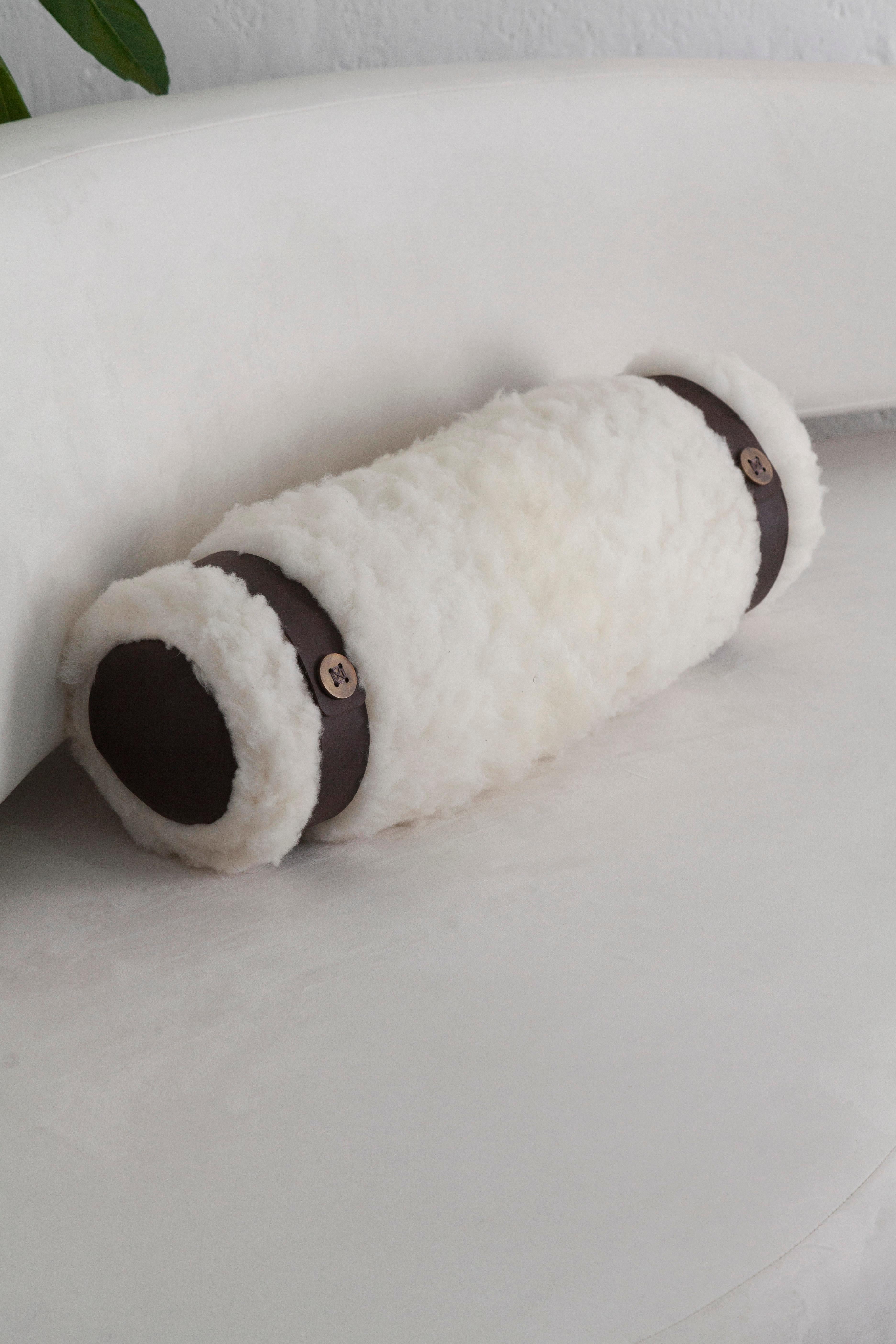 CHURO Sheepskin Decorative Bolster Pillow, Bronze and Leather Details, In Stock In New Condition For Sale In Quito, EC