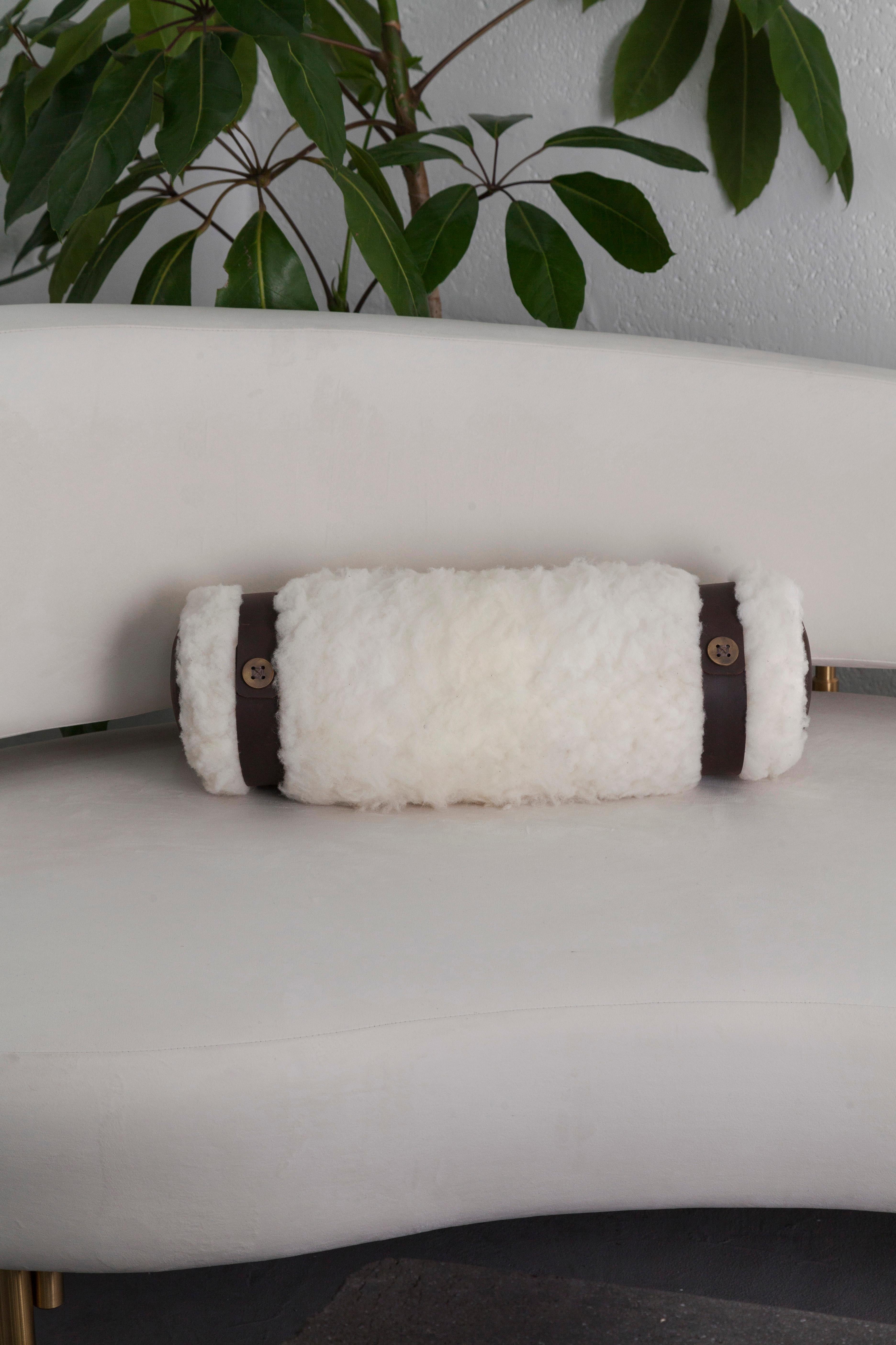 Contemporary CHURO Sheepskin Decorative Bolster Pillow, Bronze and Leather Details, In Stock For Sale