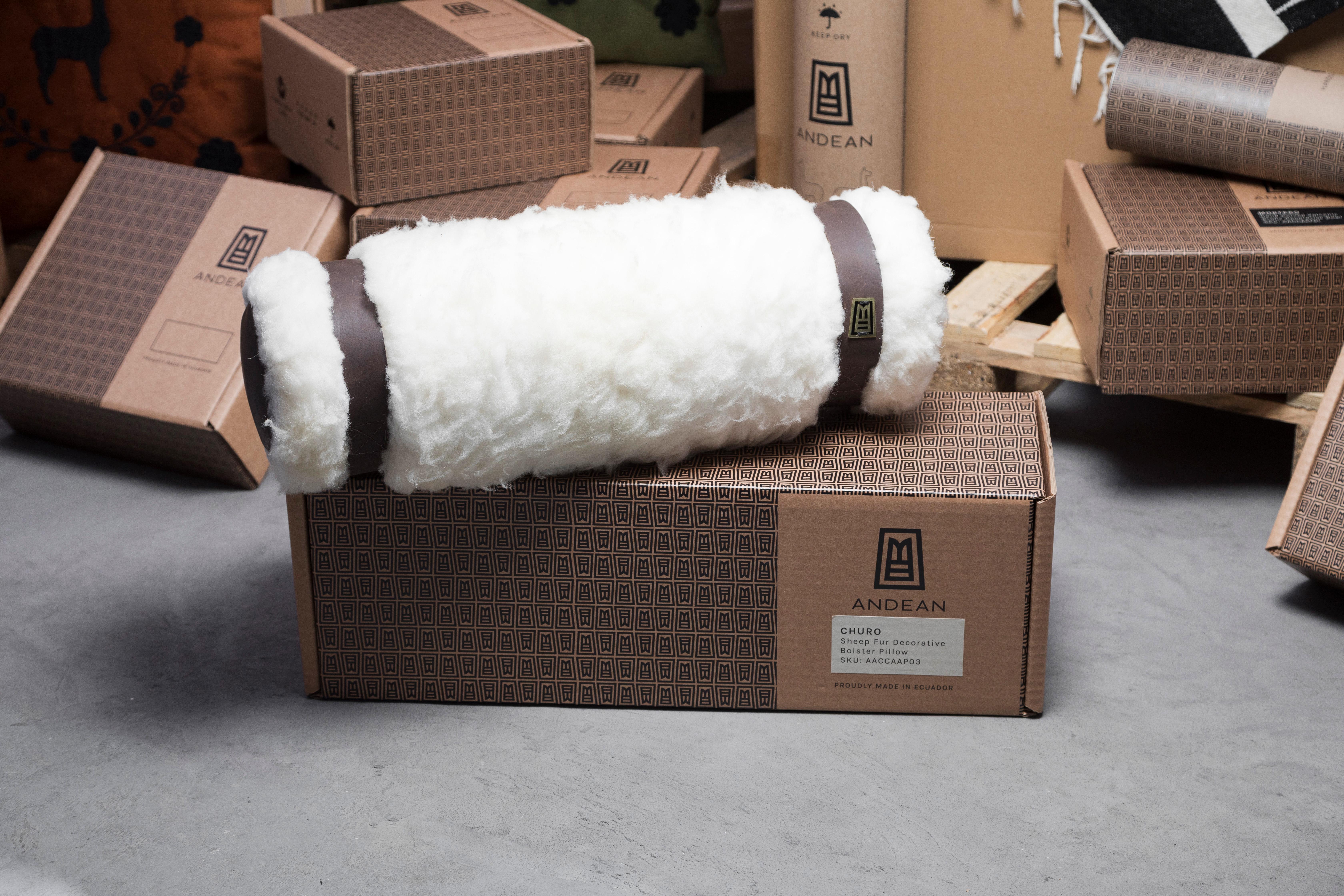CHURO Sheepskin Decorative Bolster Pillow, Bronze and Leather Details, In Stock For Sale 2