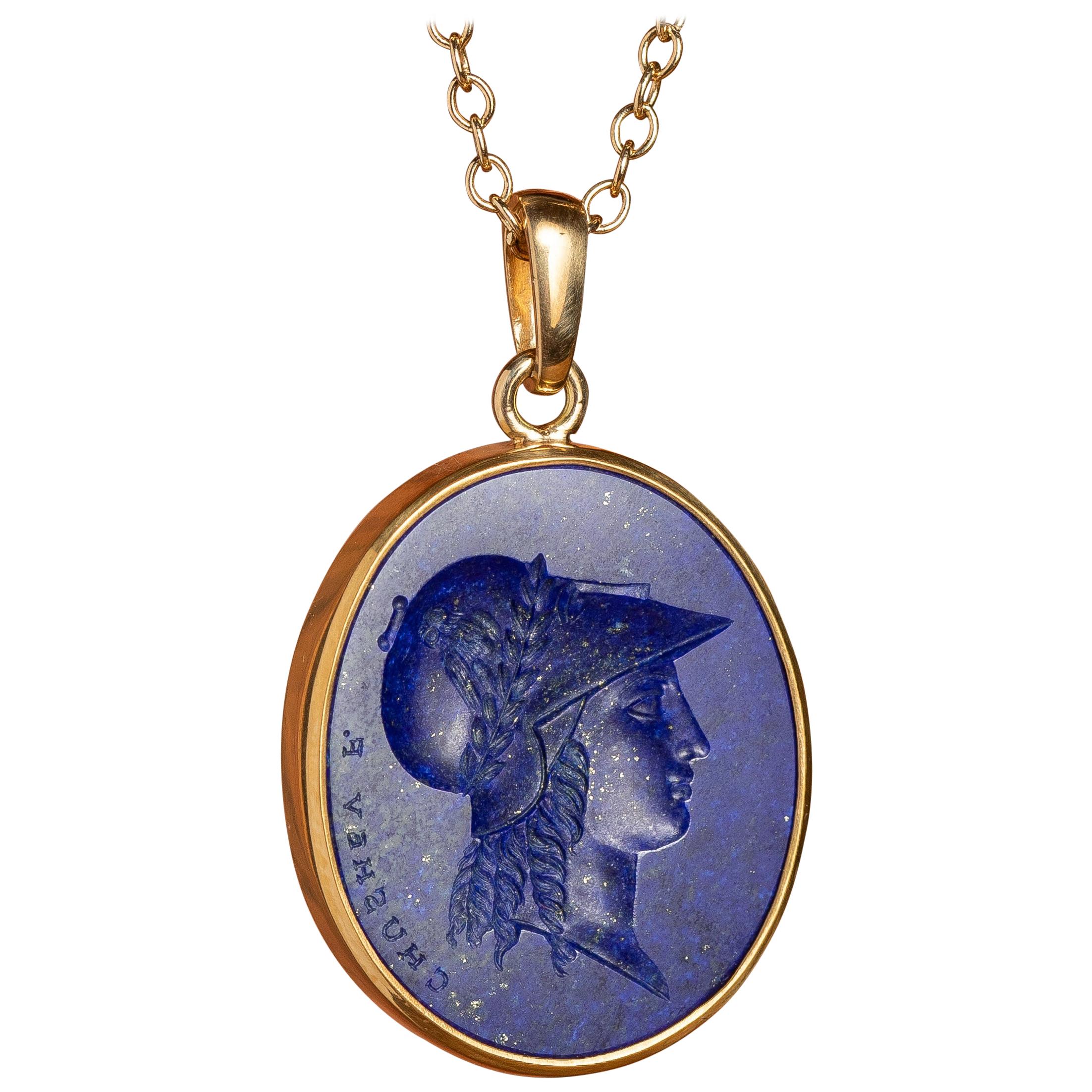 Chushev Athena Lapis Lazuli Intaglio Gold Pendant For Sale