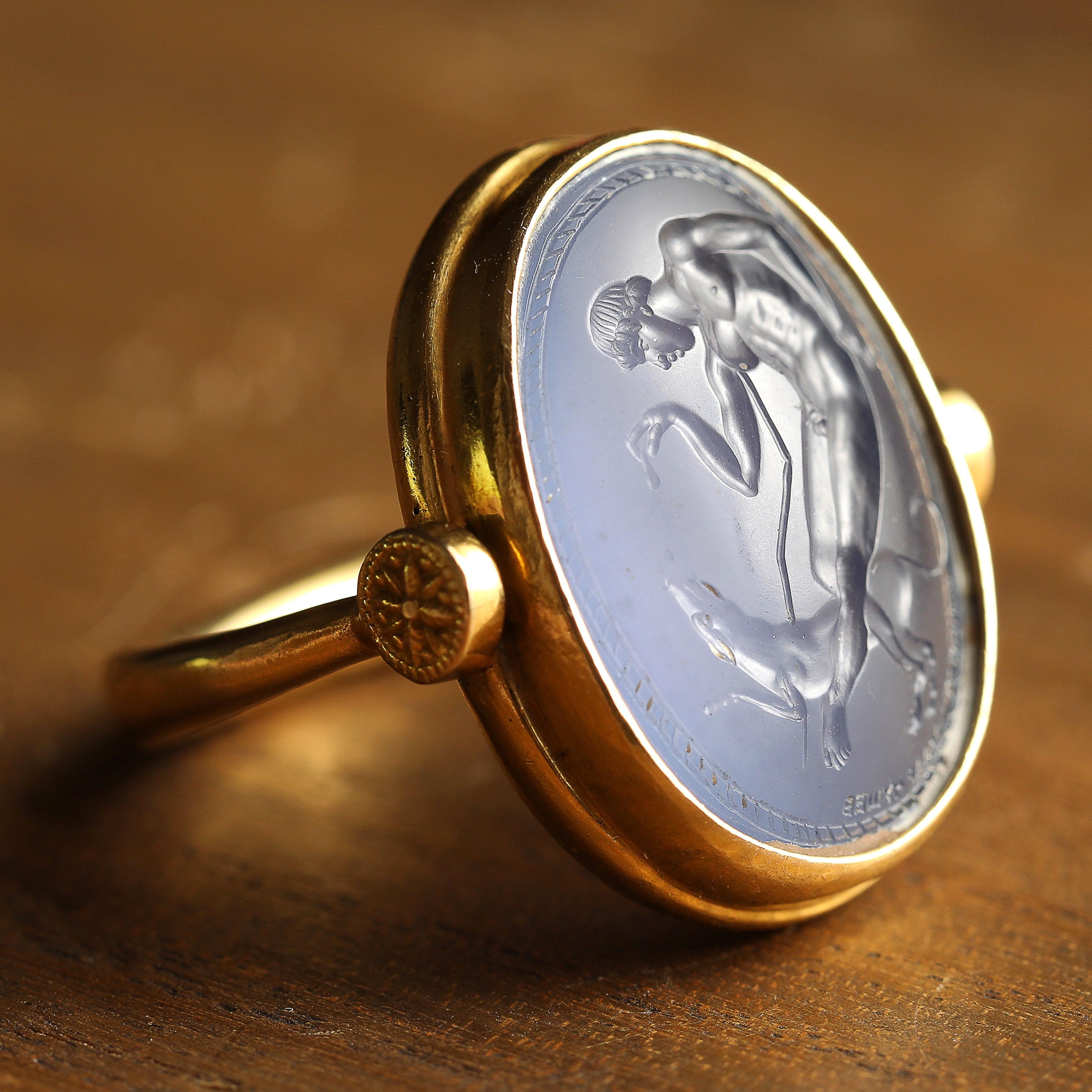 For Sale:  Chushev Blue Chalcedony Intaglio Gold Swivel Ring 2