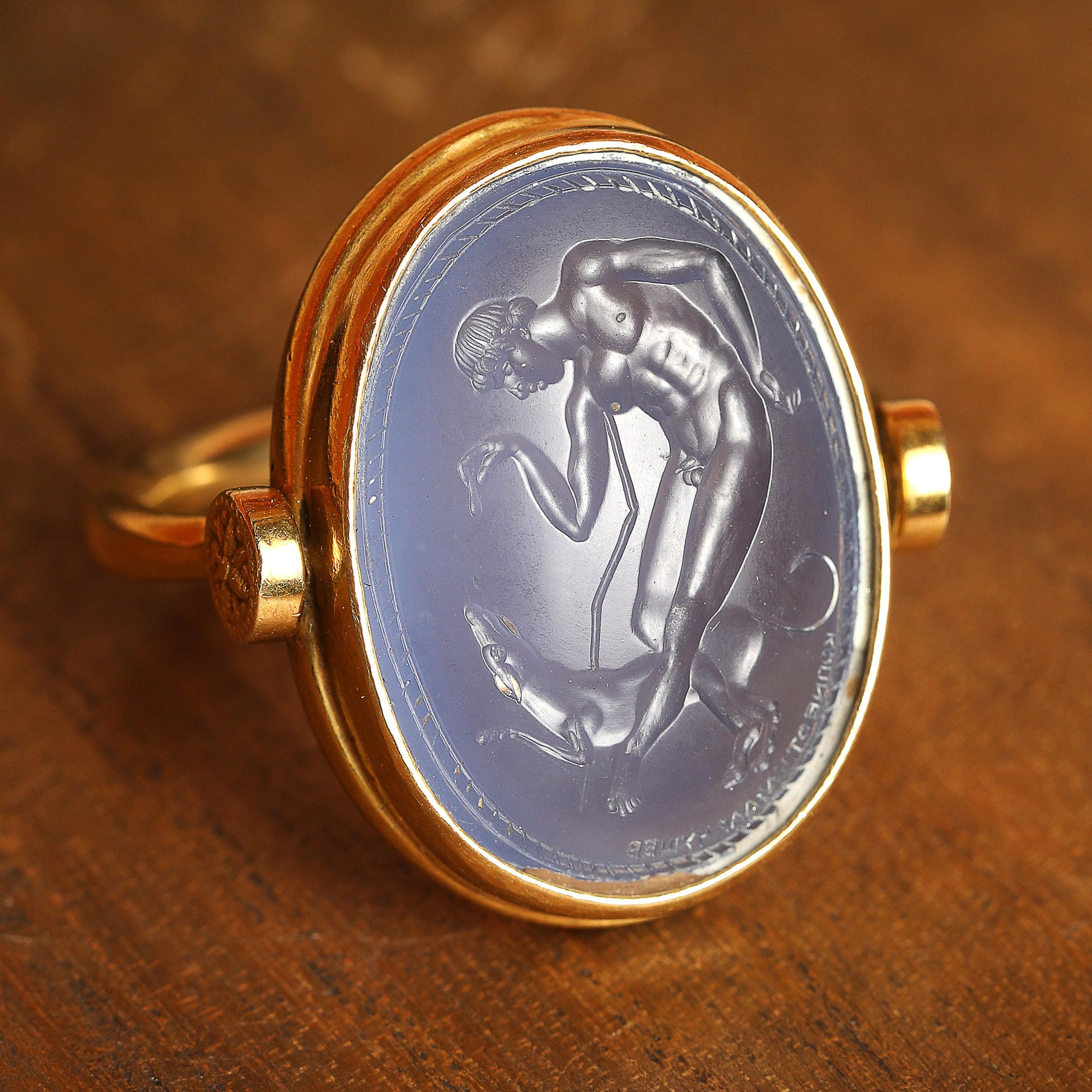 For Sale:  Chushev Blue Chalcedony Intaglio Gold Swivel Ring 4