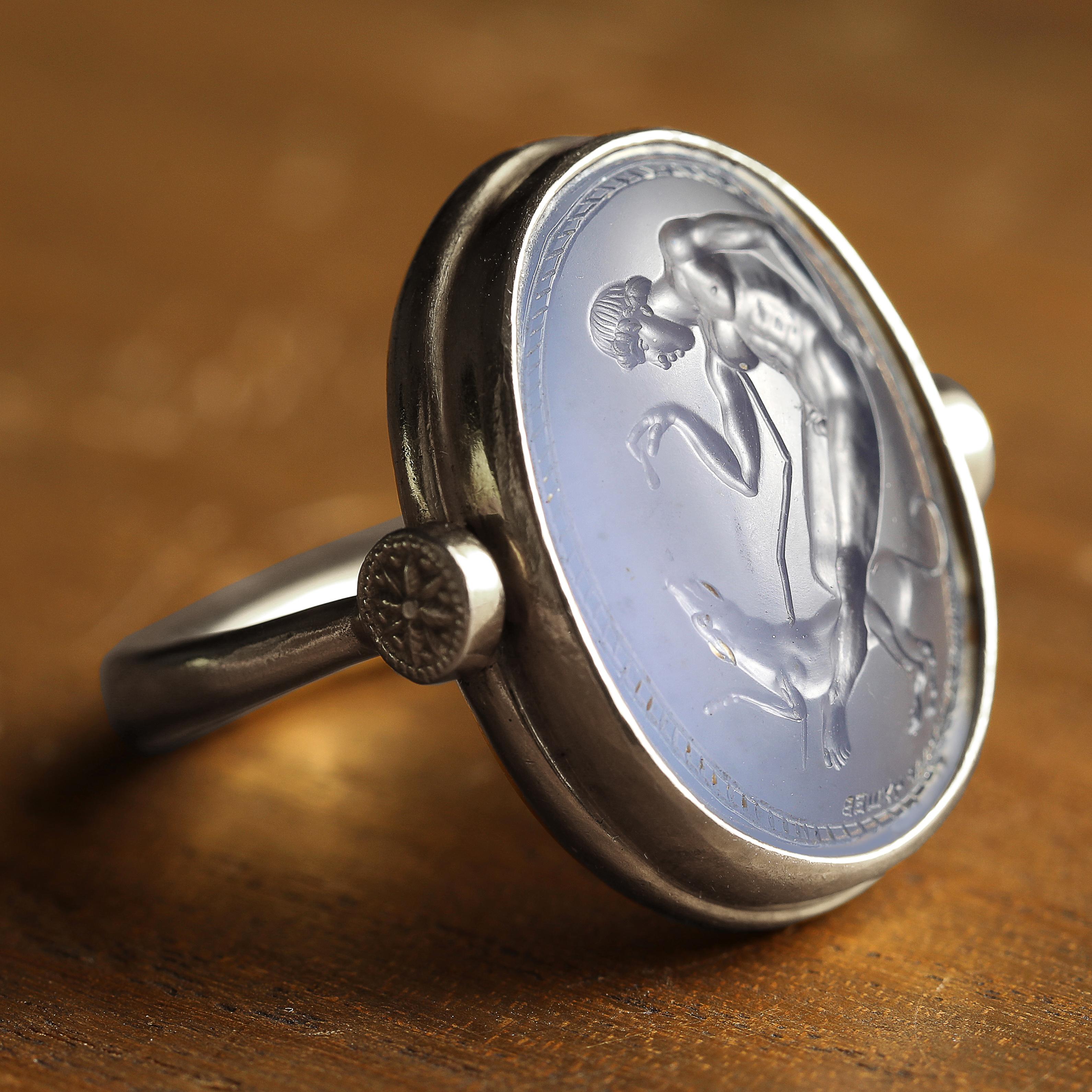 Classical Greek Chushev Blue Chalcedony Intaglio Sterling Silver Swivel Ring