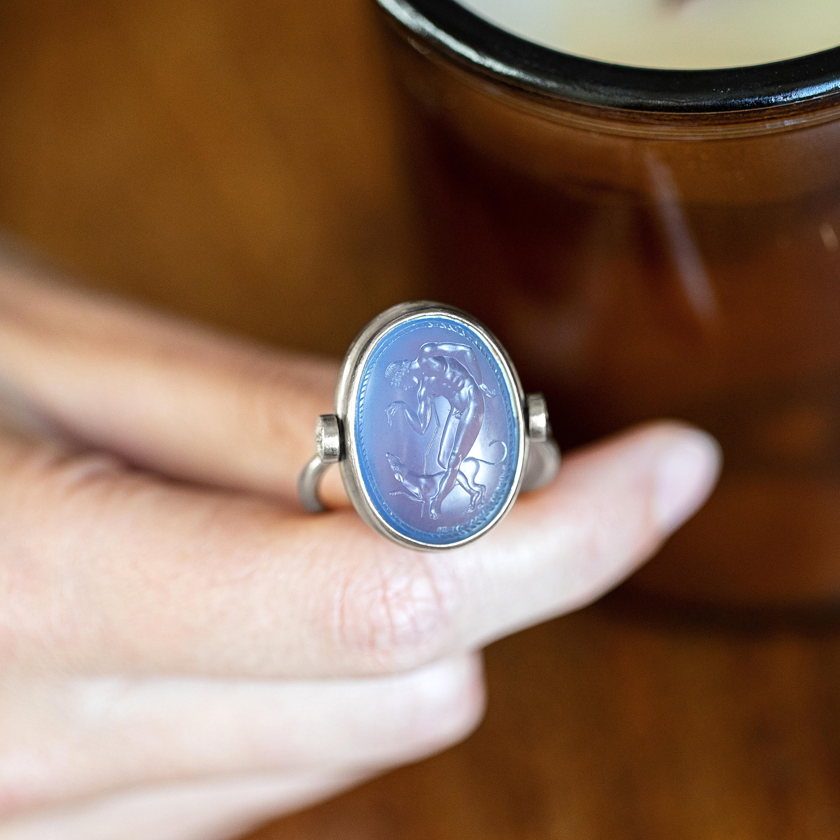 Oval Cut Chushev Blue Chalcedony Intaglio Sterling Silver Swivel Ring