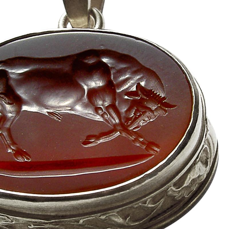 Classical Greek Chushev Bull Carnelian Intaglio Sterling Silver Pendant