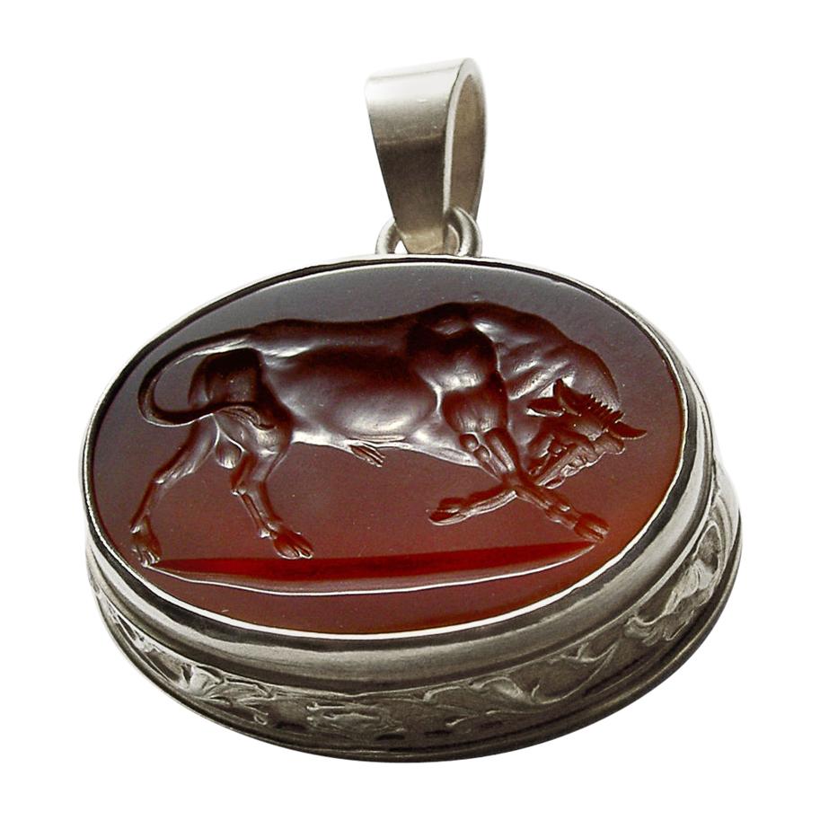 Chushev Bull Carnelian Intaglio Sterling Silver Pendant