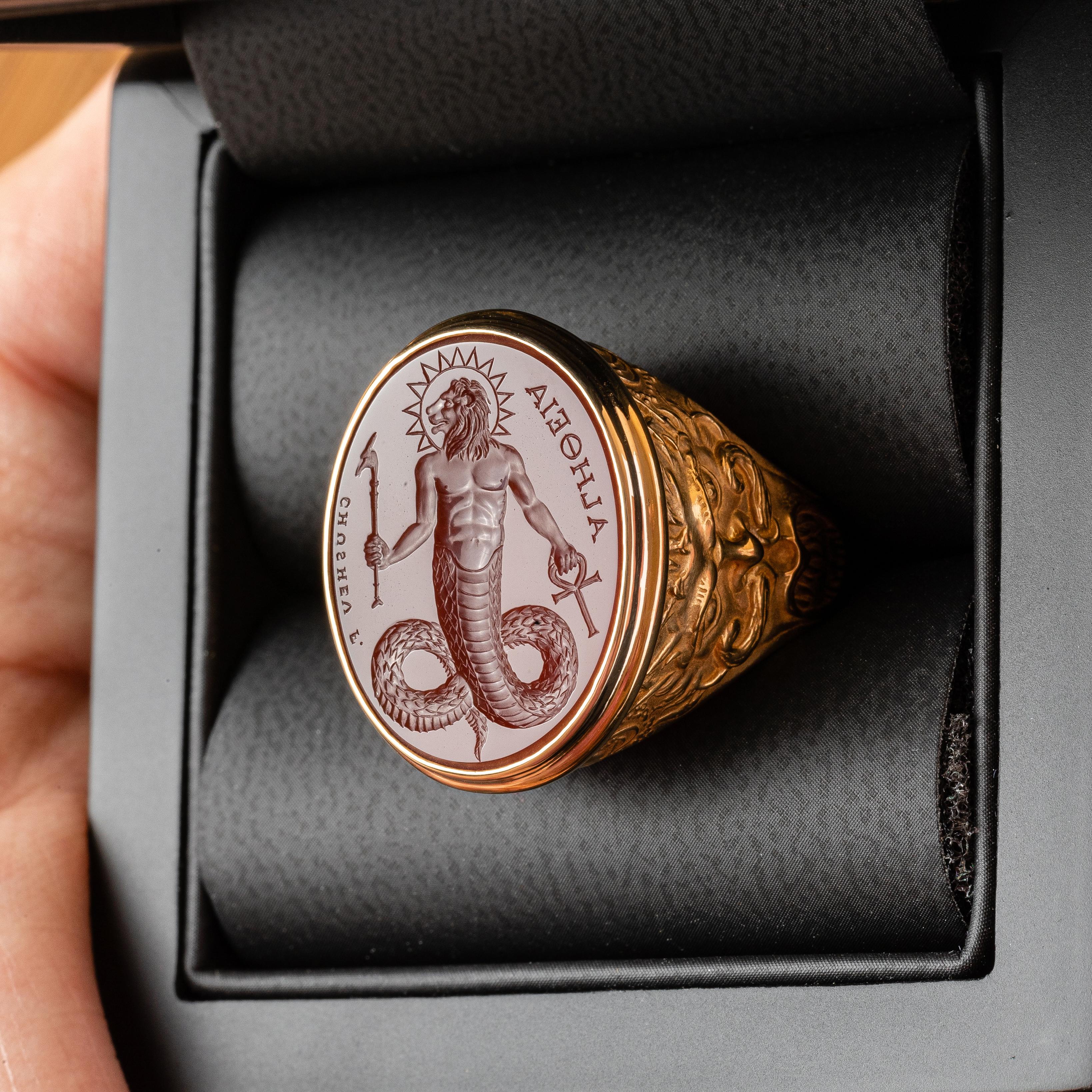 Classical Greek Chushev Chnoubis Carnelian Intaglio Gold Signet Ring For Sale