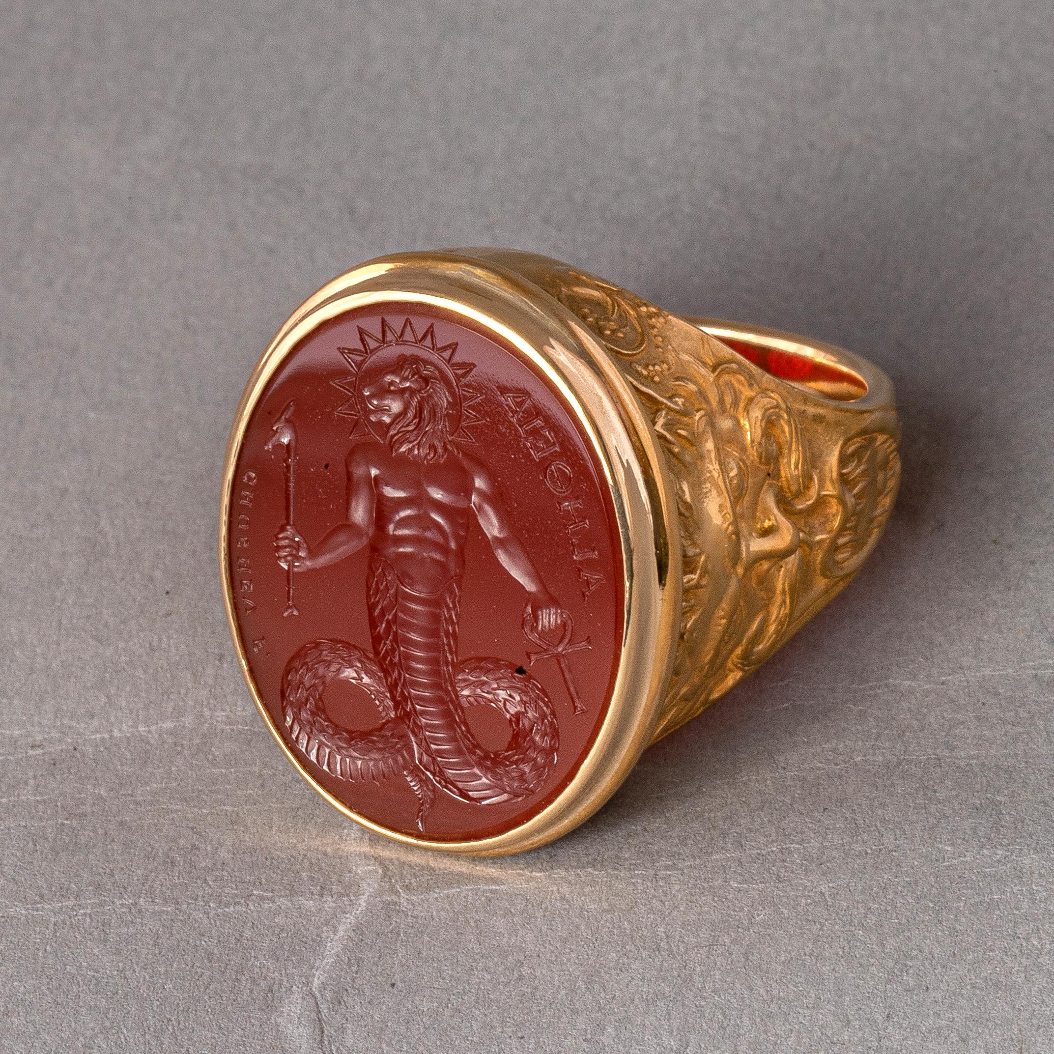 Oval Cut Chushev Chnoubis Carnelian Intaglio Gold Signet Ring For Sale