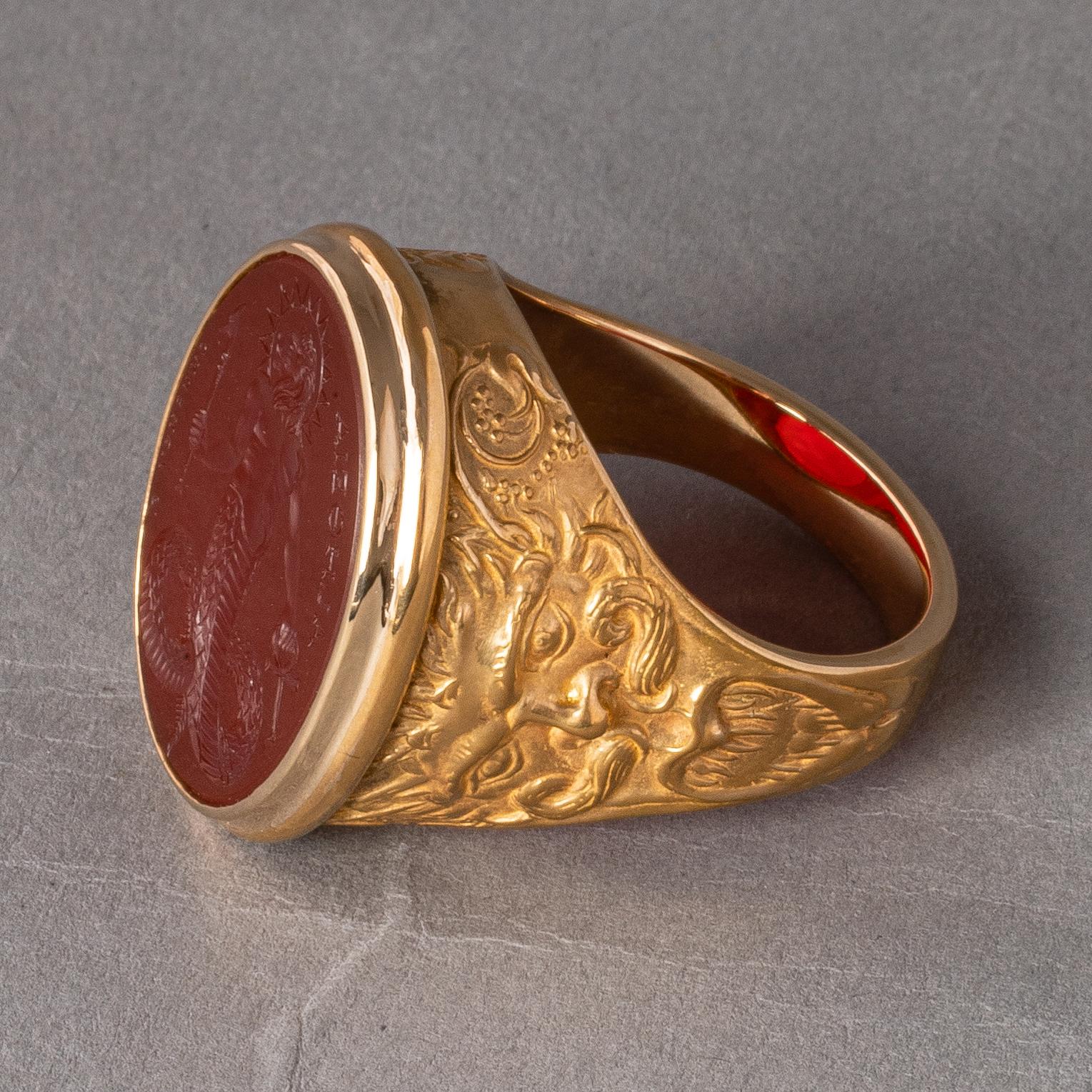 Chushev Chnoubis Carnelian Intaglio Gold Signet Ring In New Condition For Sale In Canoga Park, CA