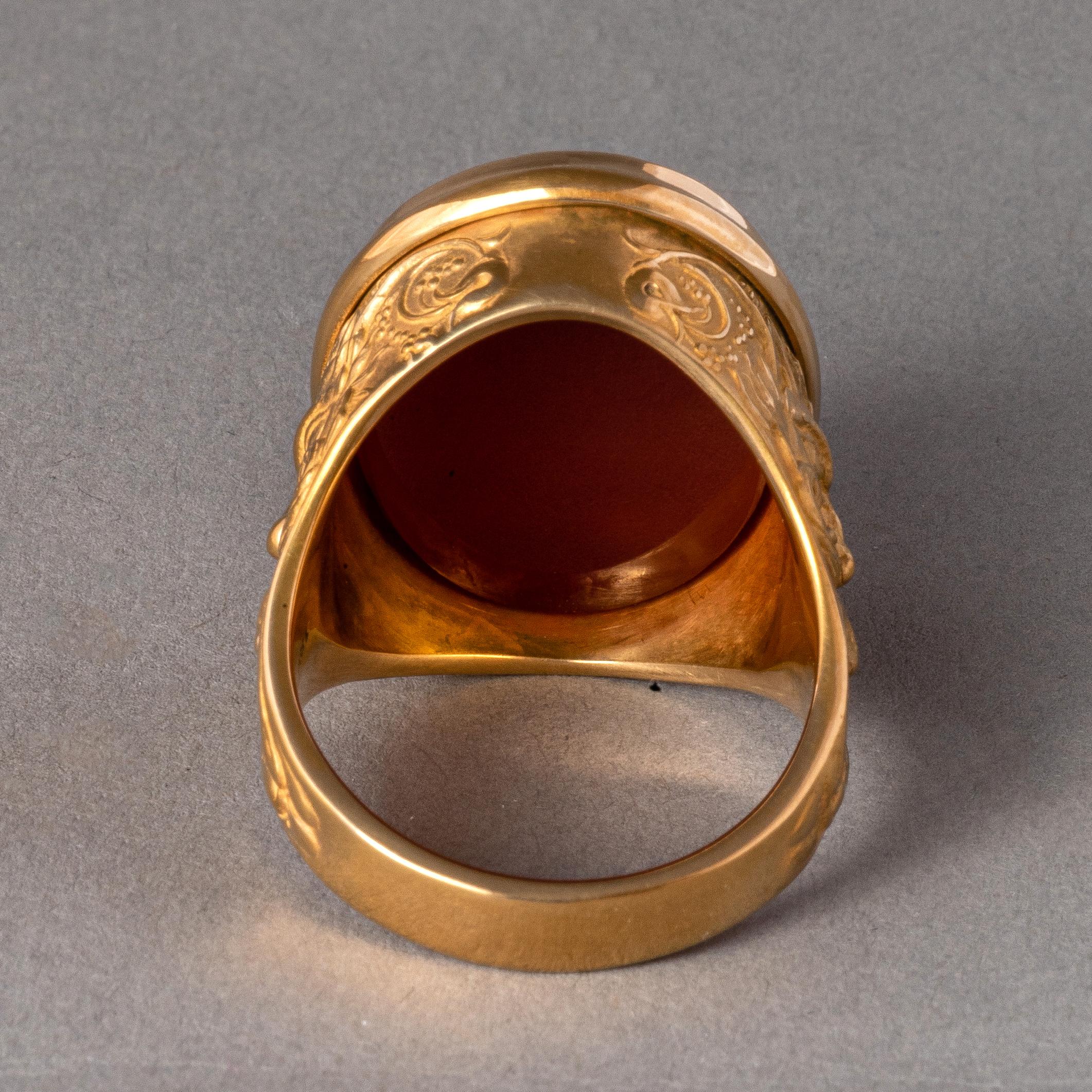Women's or Men's Chushev Chnoubis Carnelian Intaglio Gold Signet Ring For Sale
