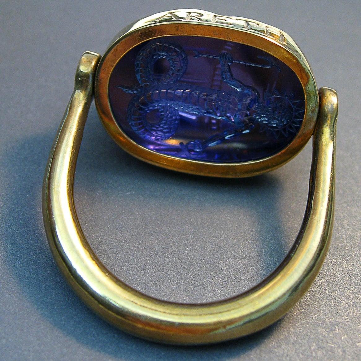 For Sale:  Chushev Chnoubis Scarab Corundum Intaglio Gold Swivel Ring 4