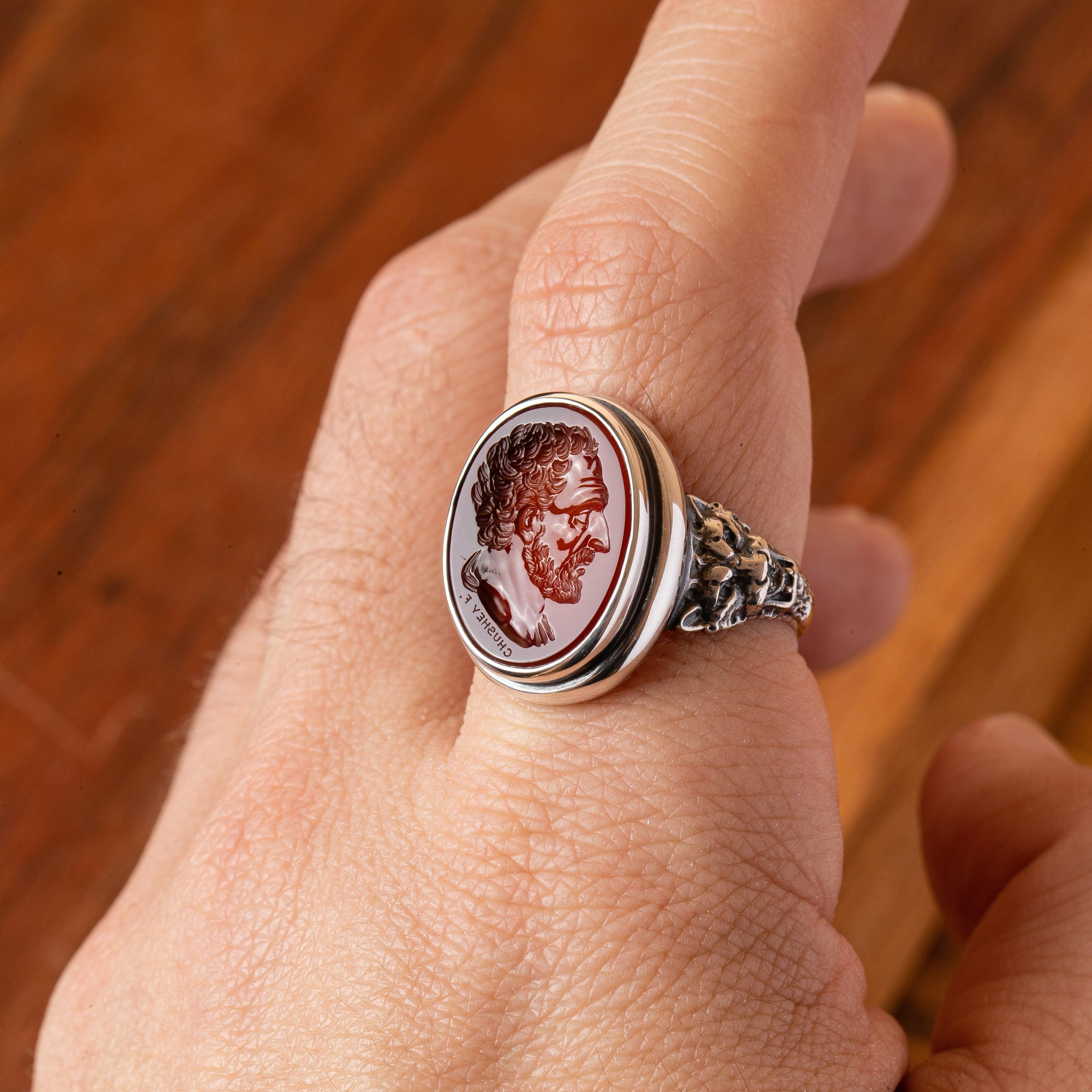 For Sale:  Chushev Demosthenes Carnelian Intaglio Sterling Silver Signet Ring 4