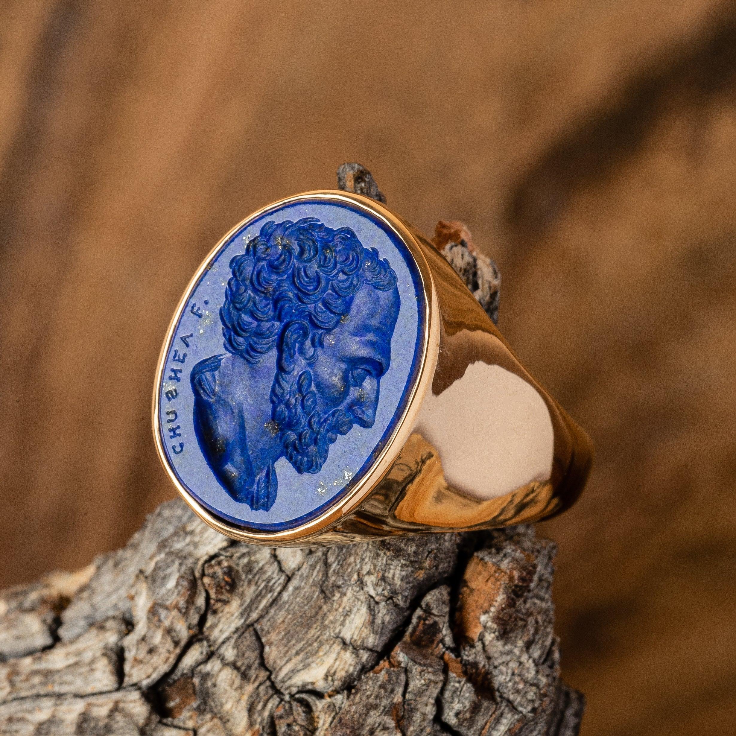 For Sale:  Chushev Demosthenes Lapis Lazuli Intaglio Gold Signet Ring 2