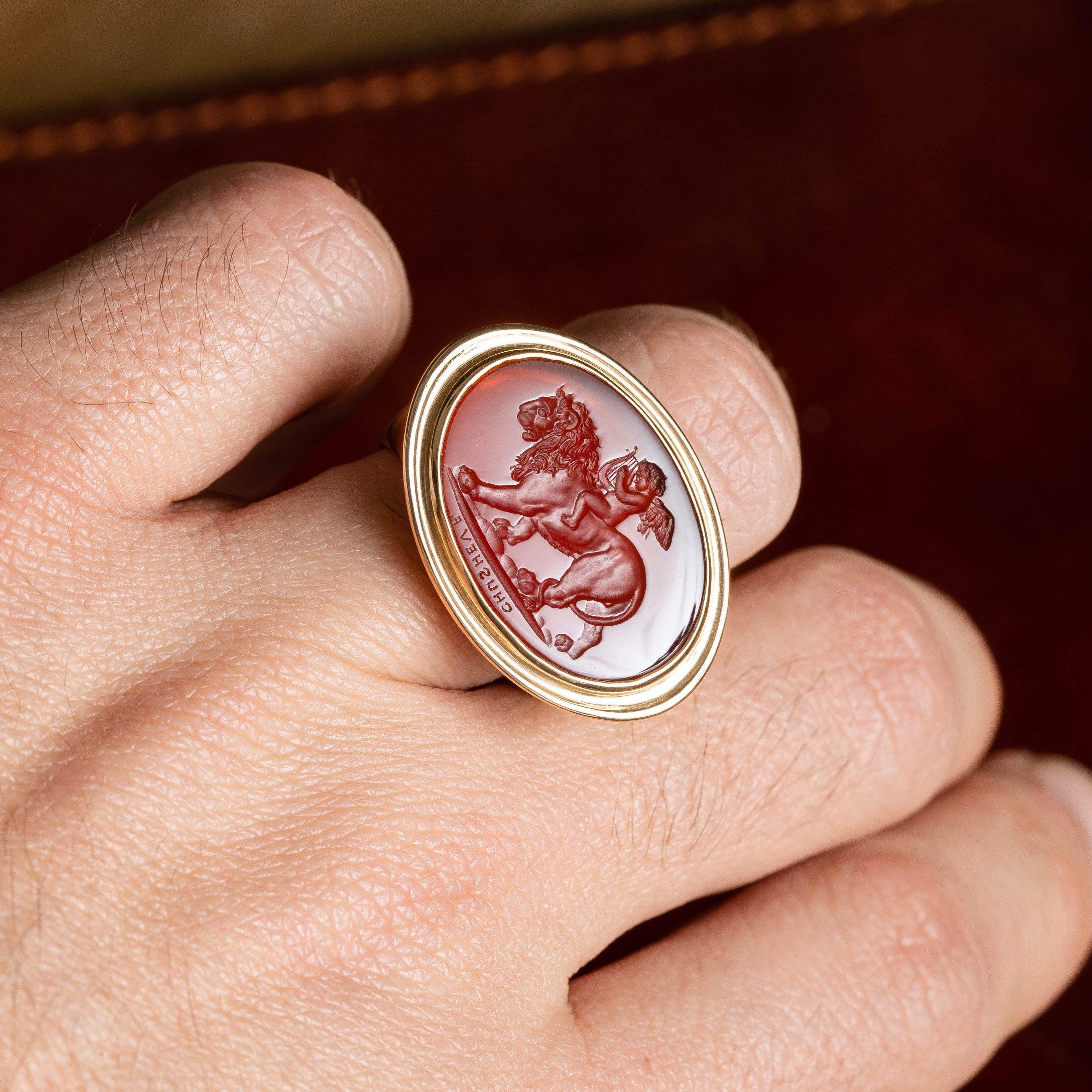 For Sale:  Chushev Eros and Lion Carnelian Intaglio Gold Signet Ring 3